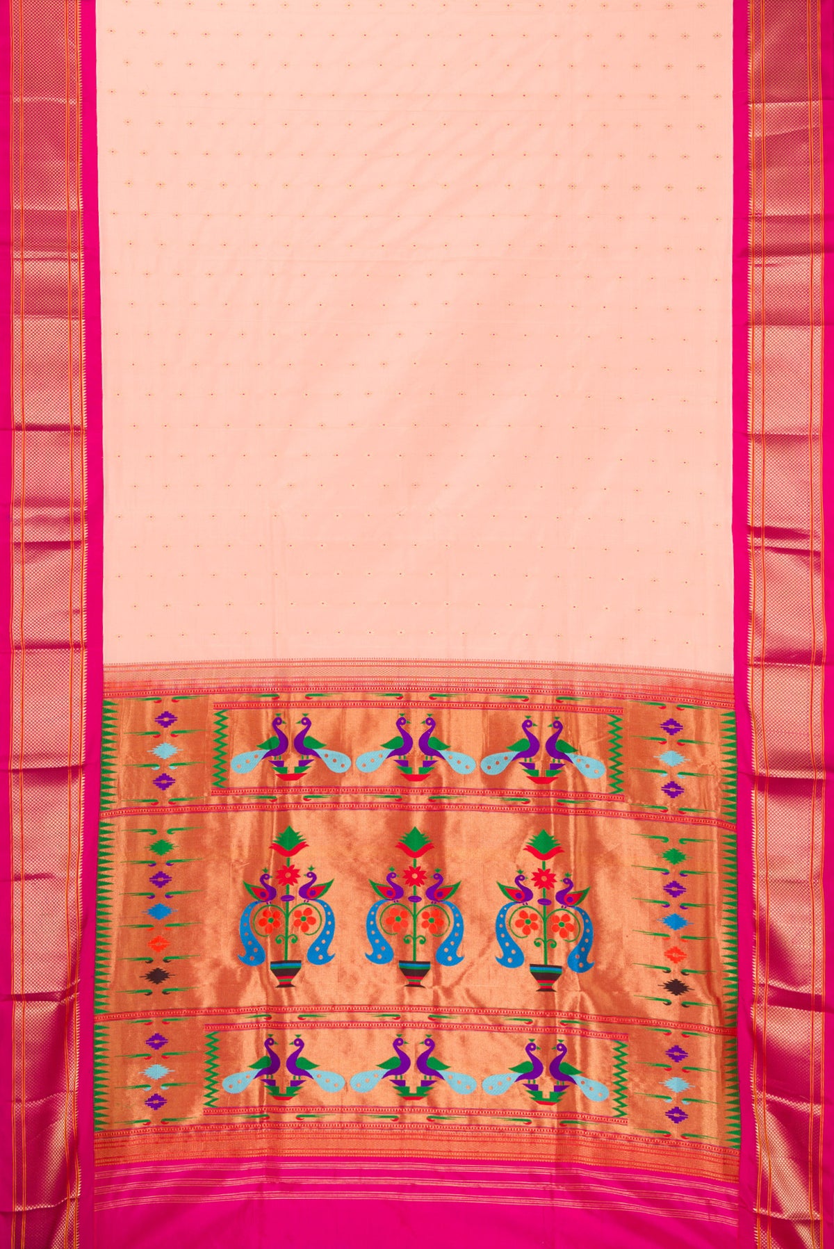 Flat view of Pure Silk Peach Paithani Saree with Zari And Thread Butta on the body and Zari Border. 