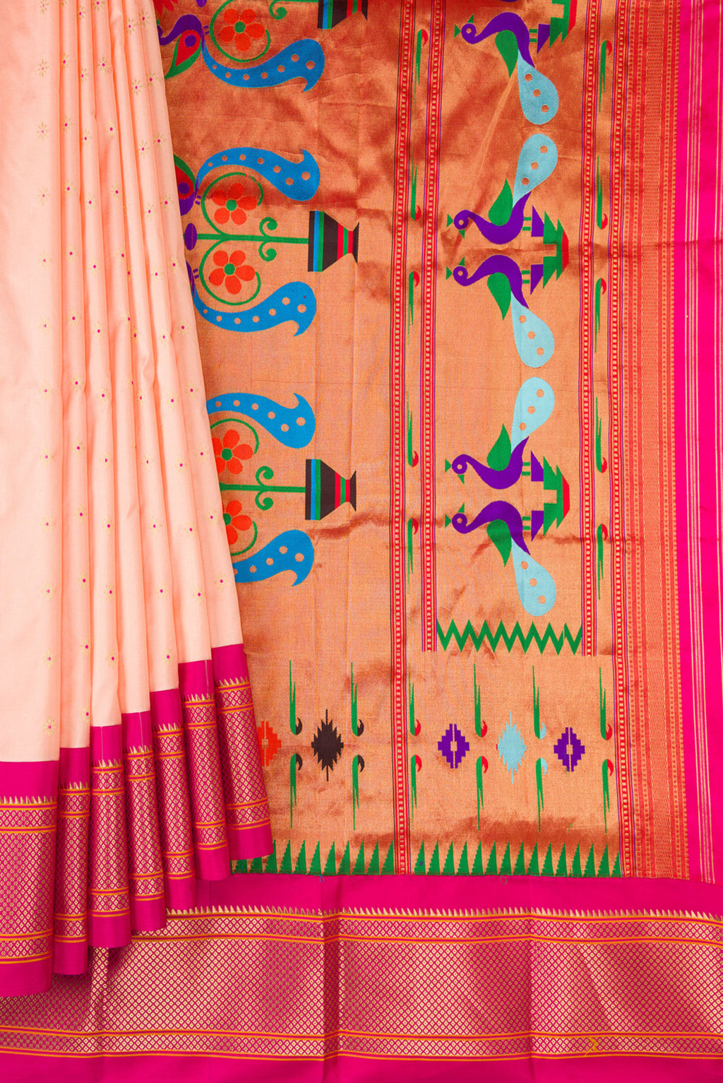 Pleats and pallu of Pure Silk Peach Paithani Saree with Zari And Thread Butta on the body and Zari Border. 