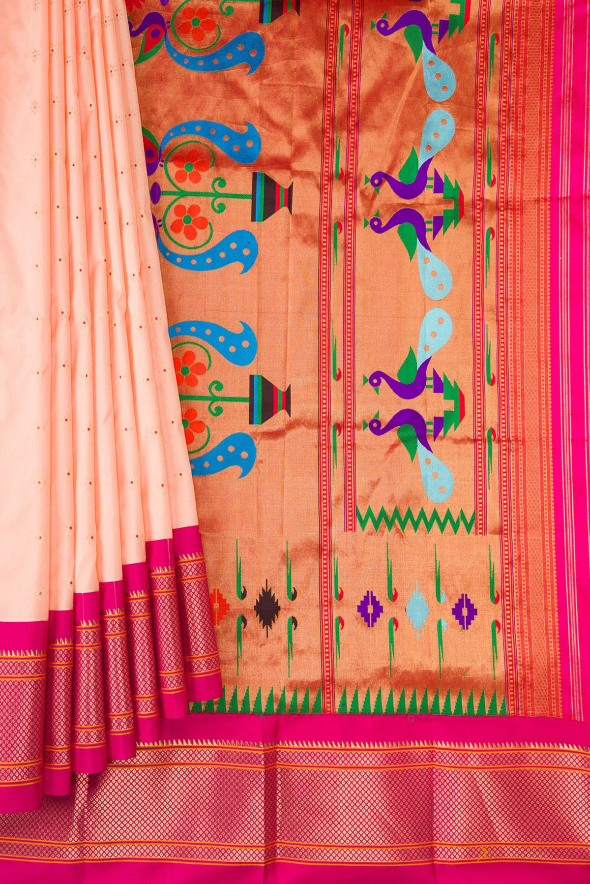 Pleats and pallu of Pure Silk Peach Paithani Saree with Zari And Thread Butta on the body and Zari Border. 