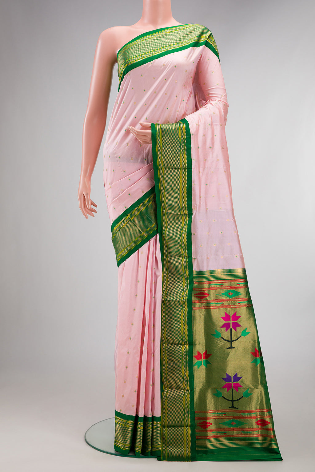 Pure Silk Rose pink Paithani Saree with Zari And Thread Butta on the body and Zari Border.  displayed on a mannequin