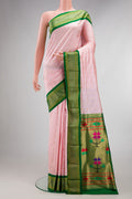 Pure Silk Rose pink Paithani Saree with Zari And Thread Butta on the body and Zari Border.  displayed on a mannequin