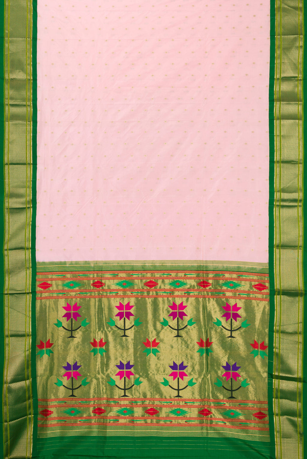 Flat view of Pure Silk Rose pink Paithani Saree with Zari And Thread Butta on the body and Zari Border. 