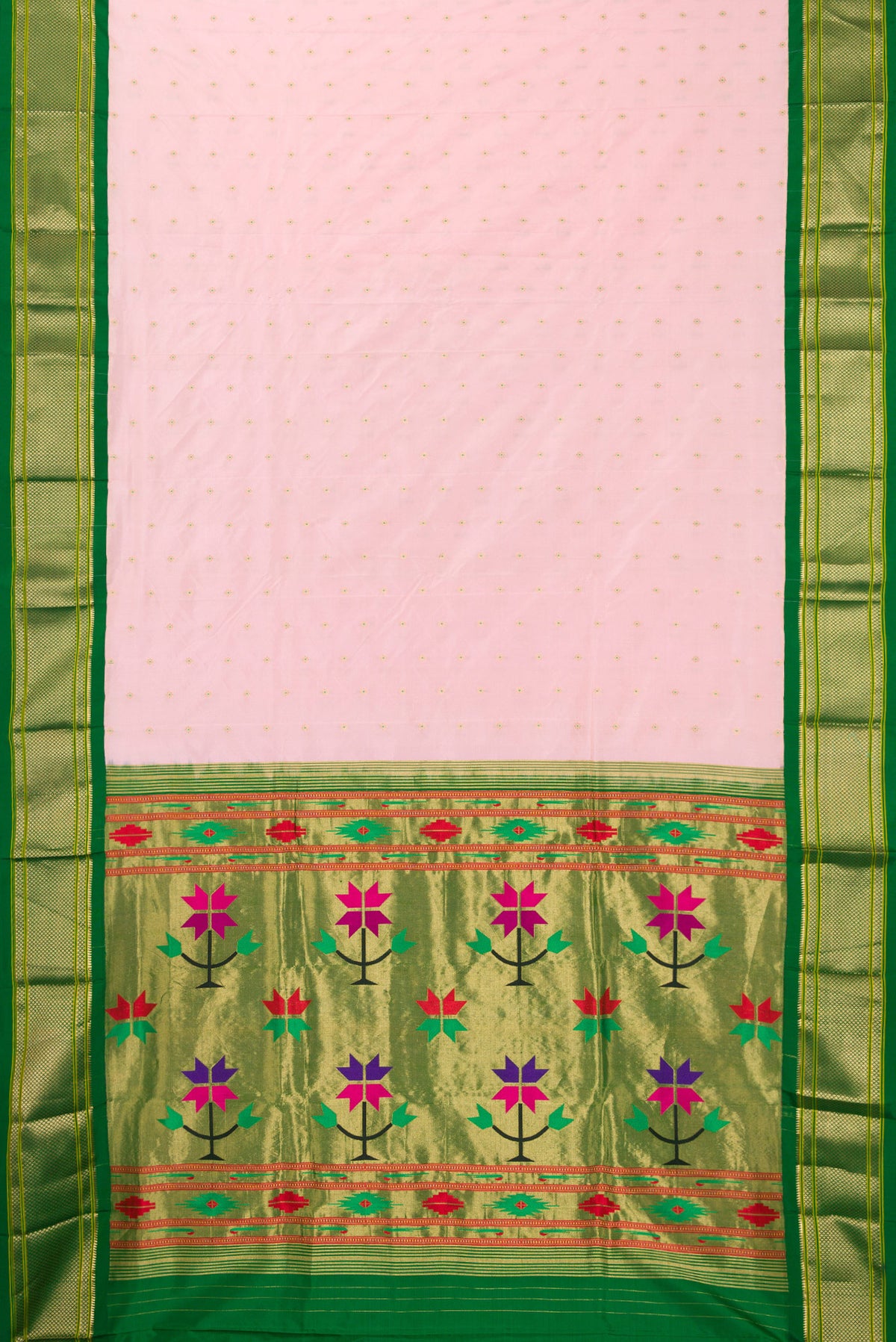 Flat view of Pure Silk Rose pink Paithani Saree with Zari And Thread Butta on the body and Zari Border. 