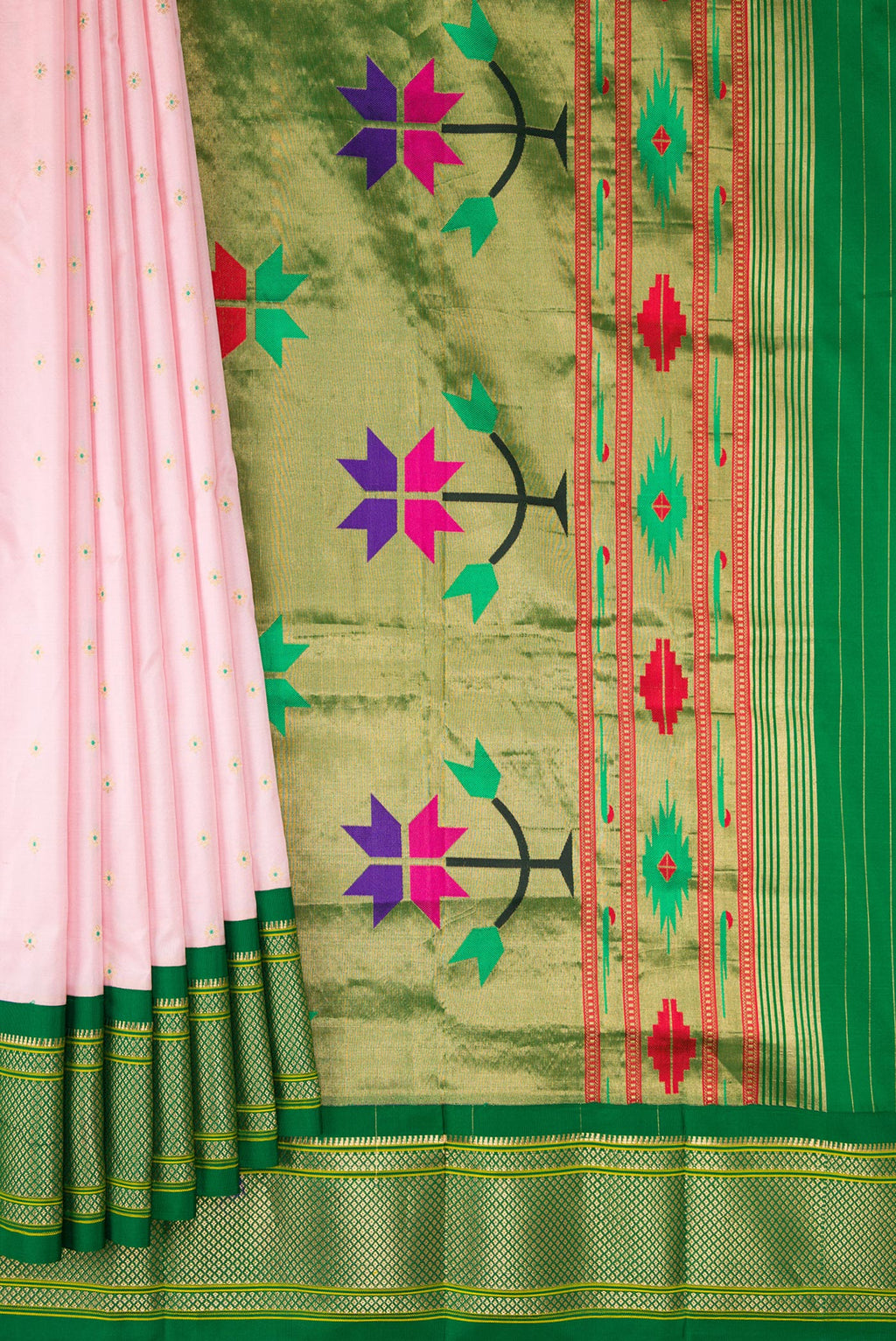 Pleats and pallu of Pure Silk Rose pink Paithani Saree with Zari And Thread Butta on the body and Zari Border. 
