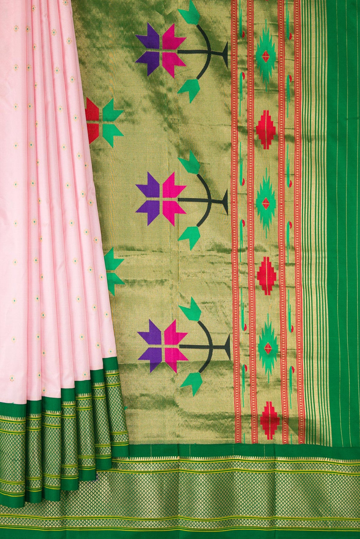 Pleats and pallu of Pure Silk Rose pink Paithani Saree with Zari And Thread Butta on the body and Zari Border. 