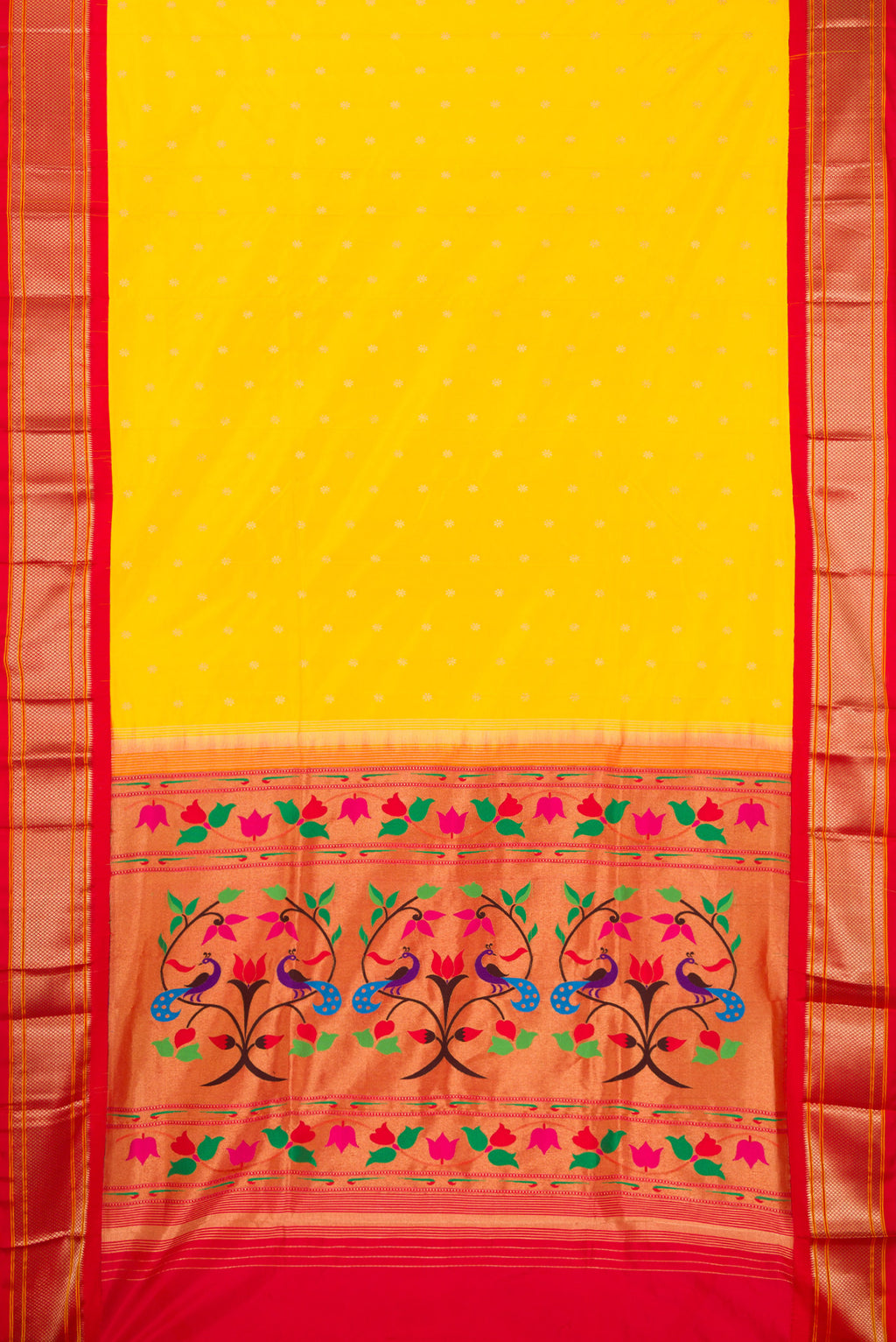Flat view of Pure Silk Yellow Paithani Saree with Zari Butta on the body and Zari Border. 