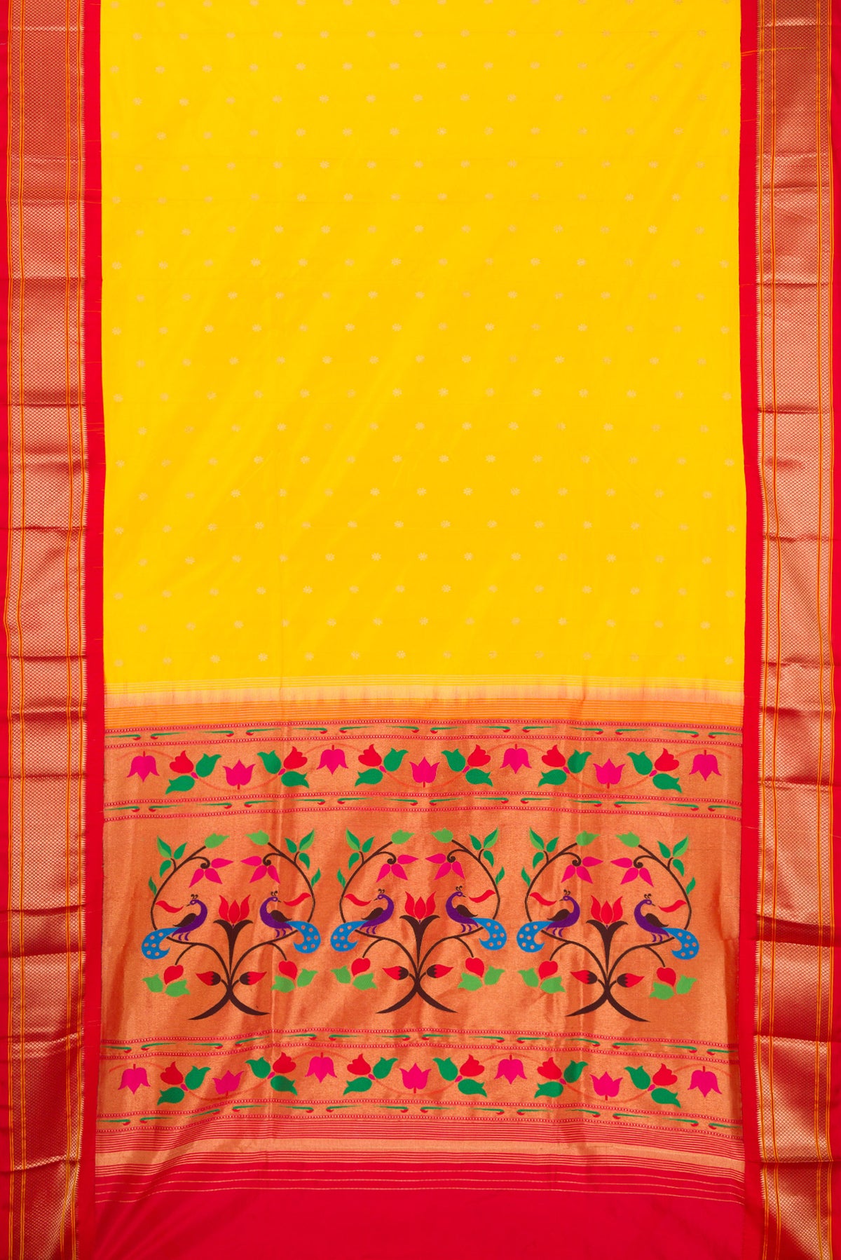 Flat view of Pure Silk Yellow Paithani Saree with Zari Butta on the body and Zari Border. 