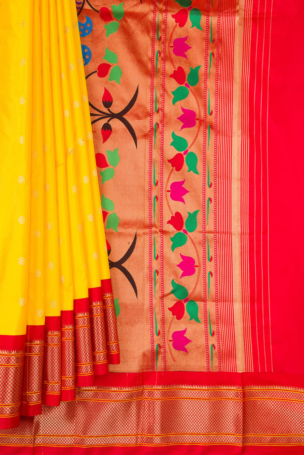 Pleats and pallu of Pure Silk Yellow Paithani Saree with Zari Butta on the body and Zari Border. 