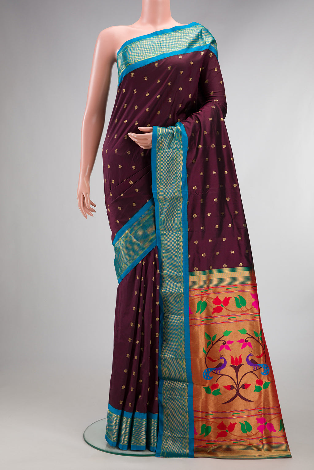 Pure Silk Coffee Brown Paithani Saree with Zari Butta on the body and Zari Border.  displayed on a mannequin