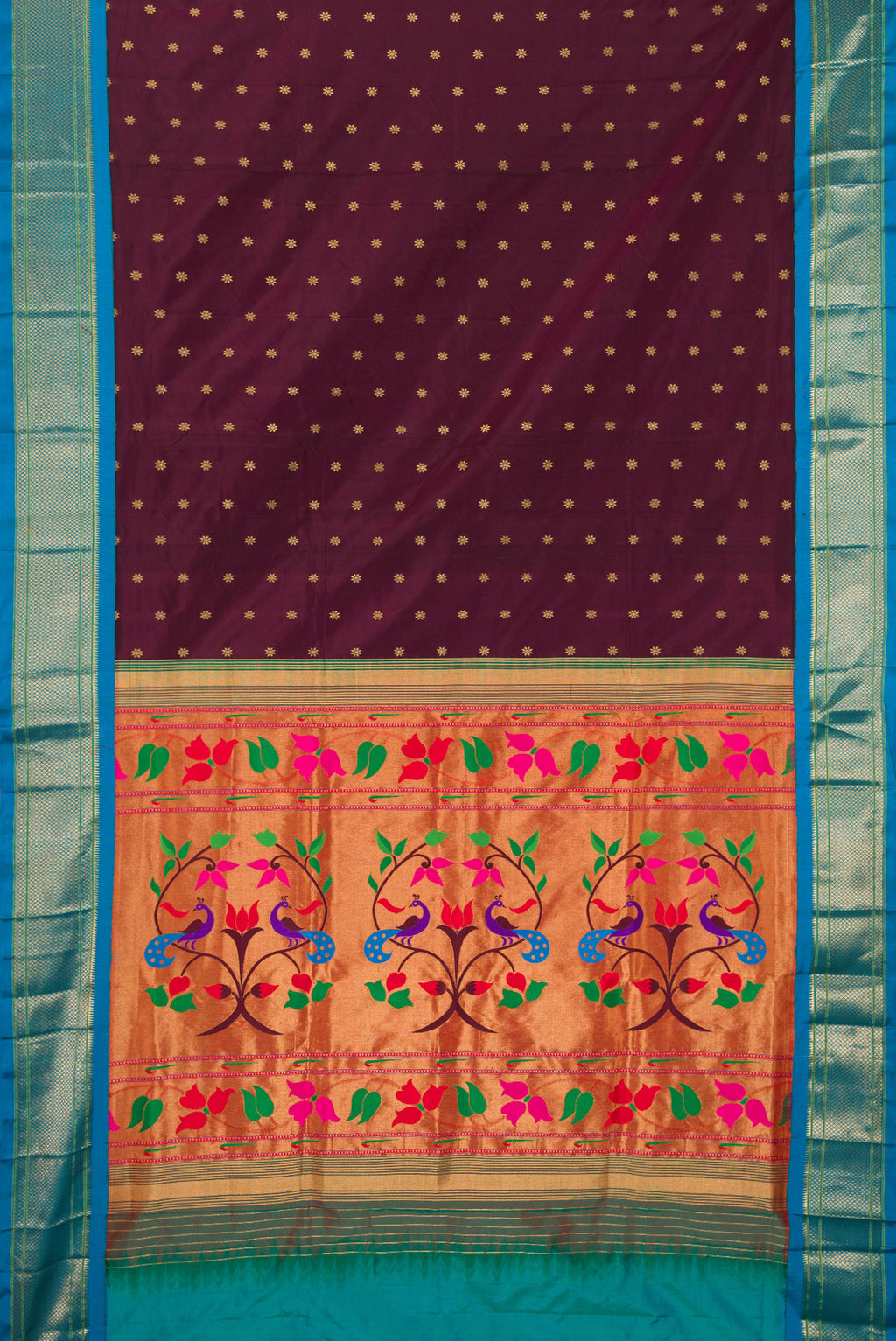 Flat view of Pure Silk Coffee Brown Paithani Saree with Zari Butta on the body and Zari Border. 