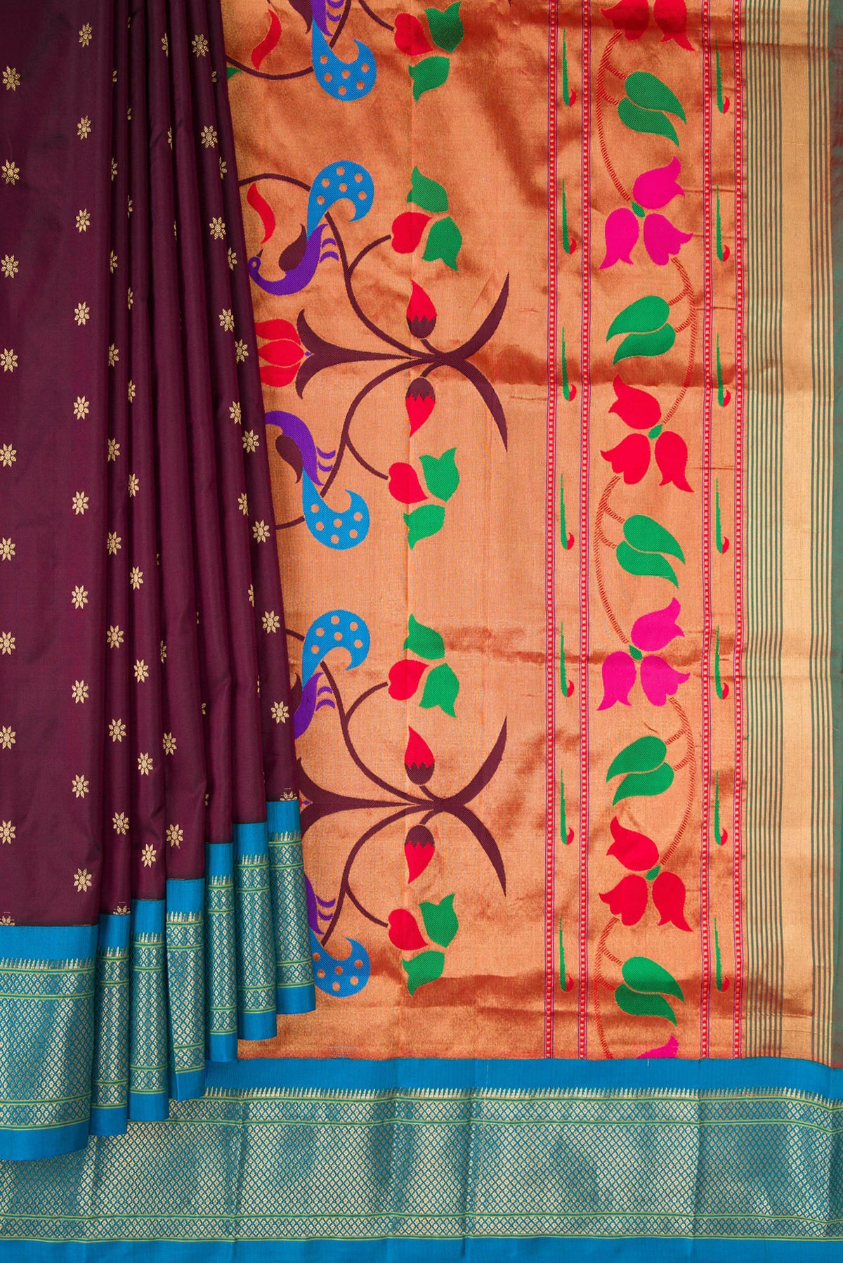 Pleats and pallu of Pure Silk Coffee Brown Paithani Saree with Zari Butta on the body and Zari Border. 