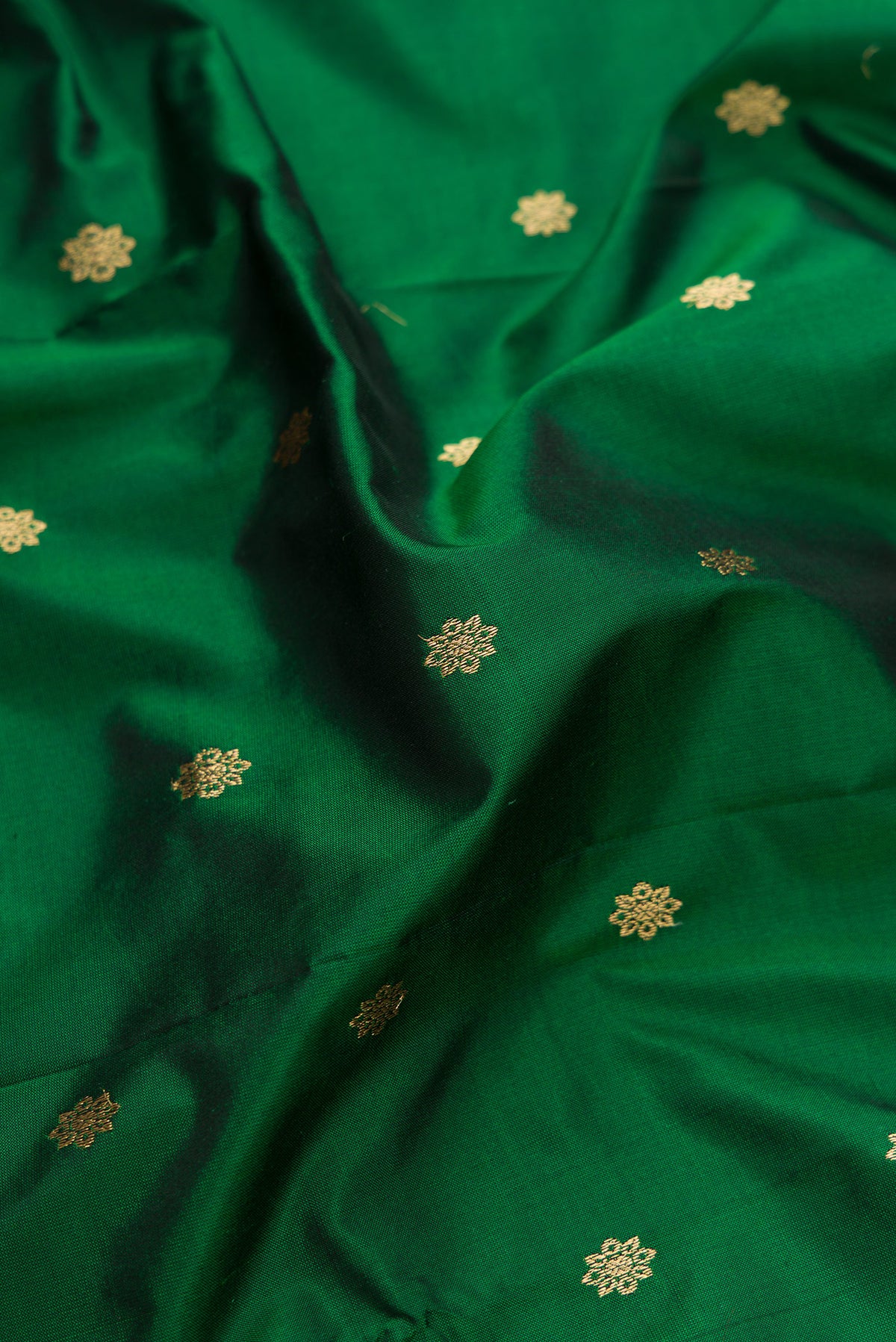 Close up of Pure Silk Bottle Green Dual Tone Paithani Saree with Zari Butta on the body and Zari Border.  displaying folds