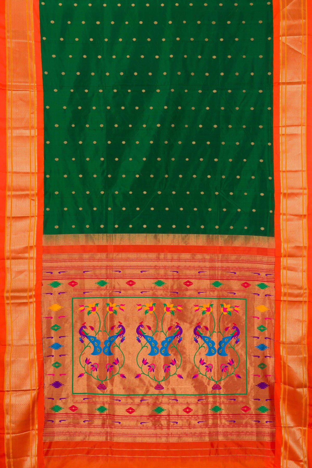 Flat view of Pure Silk Bottle Green Dual Tone Paithani Saree with Zari Butta on the body and Zari Border. 