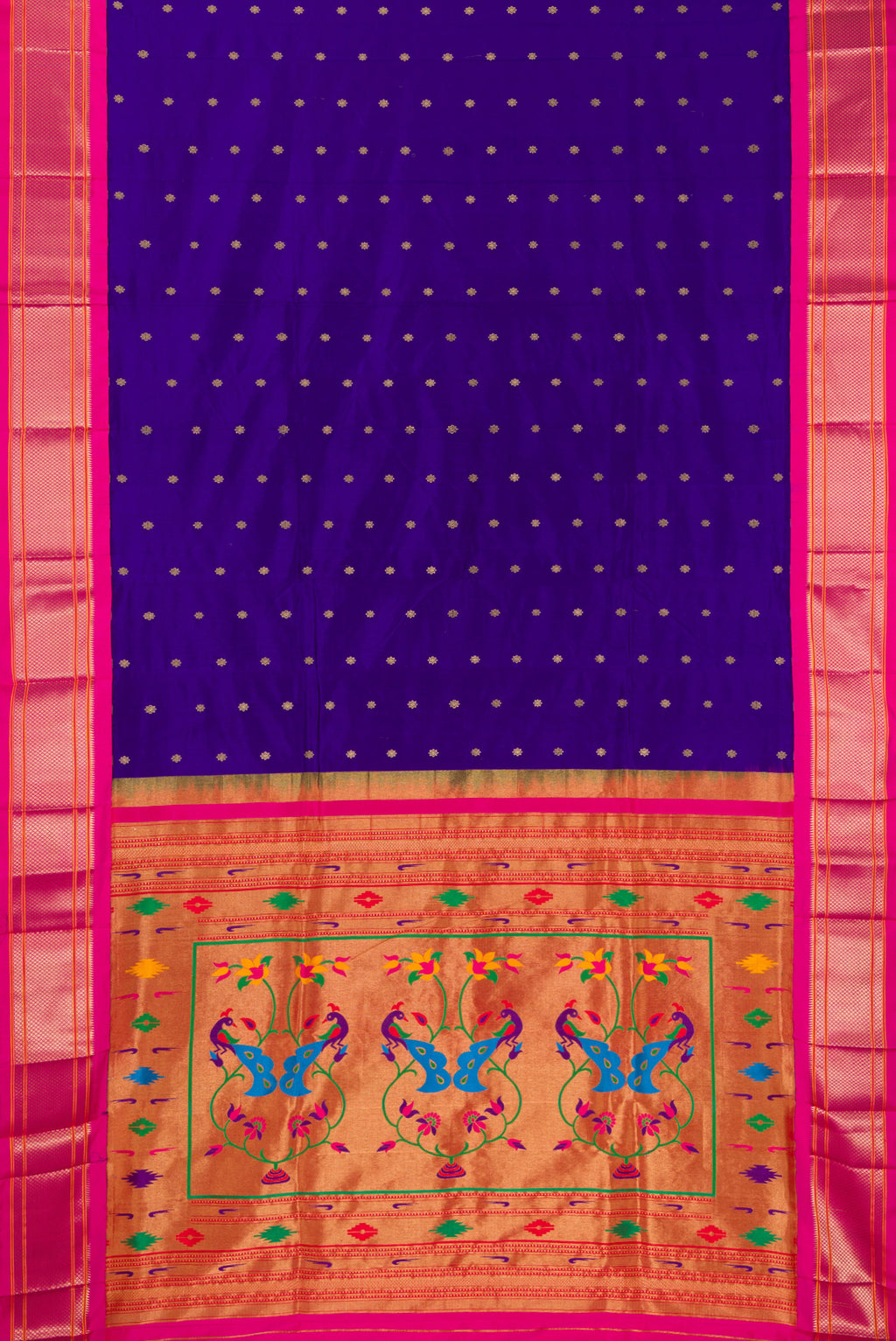 Flat view of Pure Silk Royal Blue Paithani Saree with Zari Butta on the body and Zari Border. 