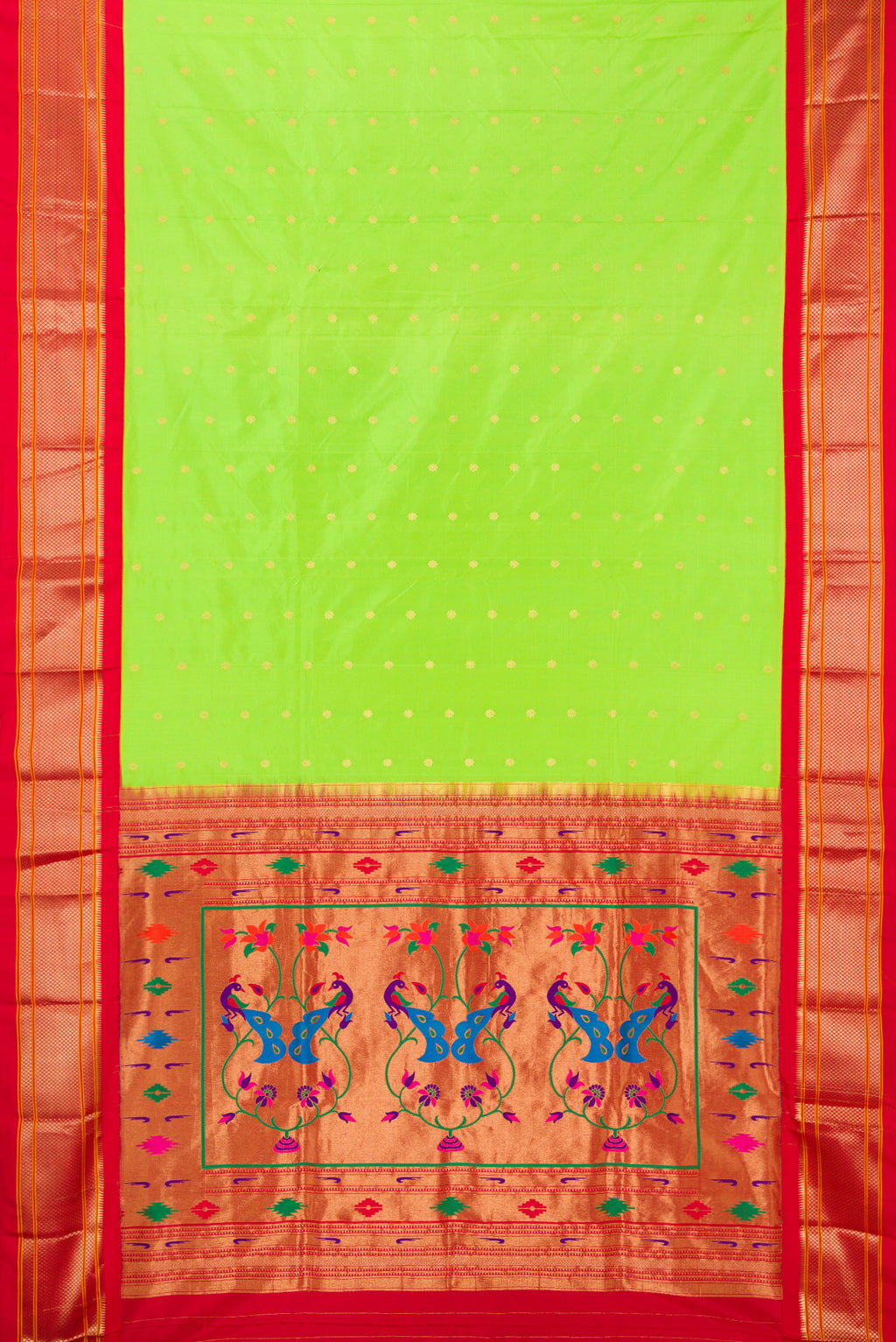 Flat view of Pure Silk Parrot Green Paithani Saree with Zari Butta on the body and Zari Border. 