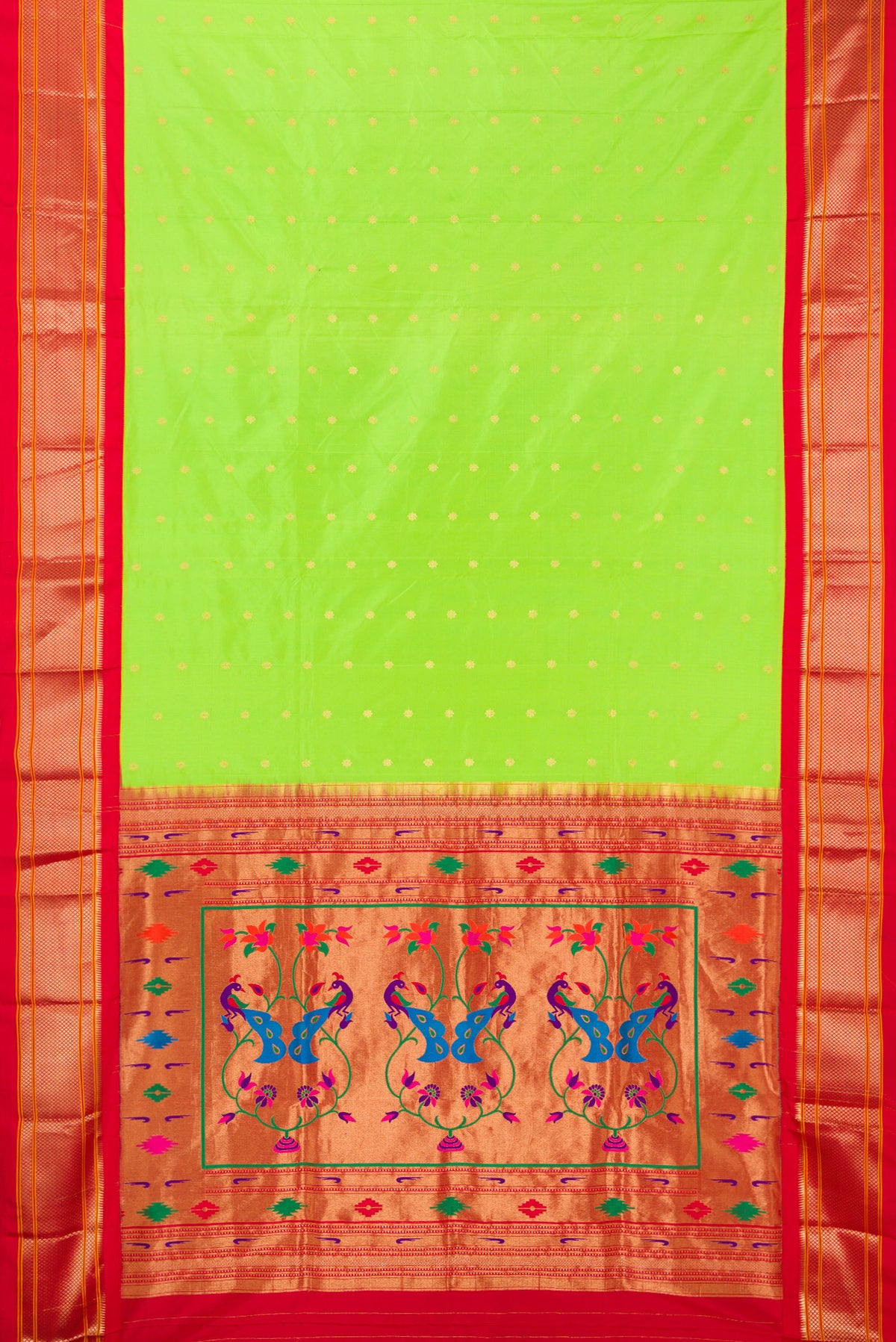 Flat view of Pure Silk Parrot Green Paithani Saree with Zari Butta on the body and Zari Border. 
