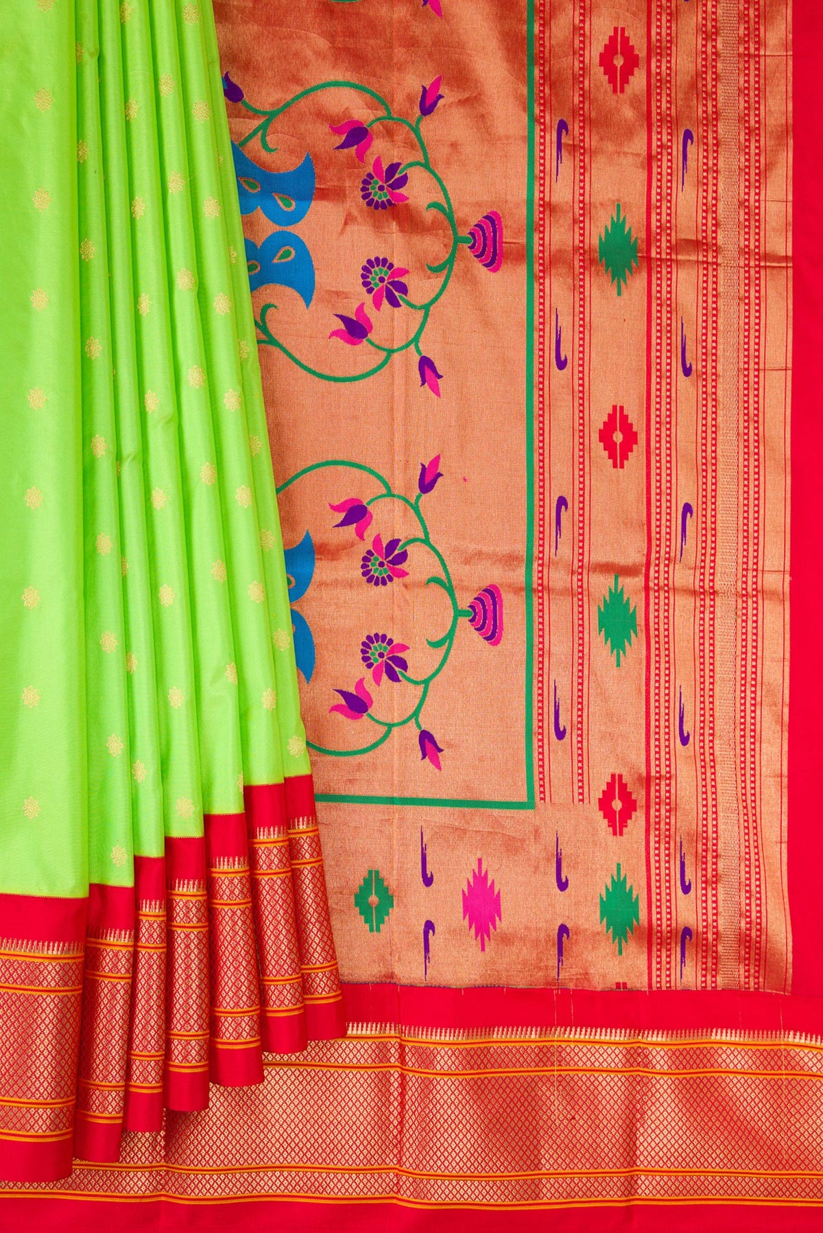 Pleats and pallu of Pure Silk Parrot Green Paithani Saree with Zari Butta on the body and Zari Border. 