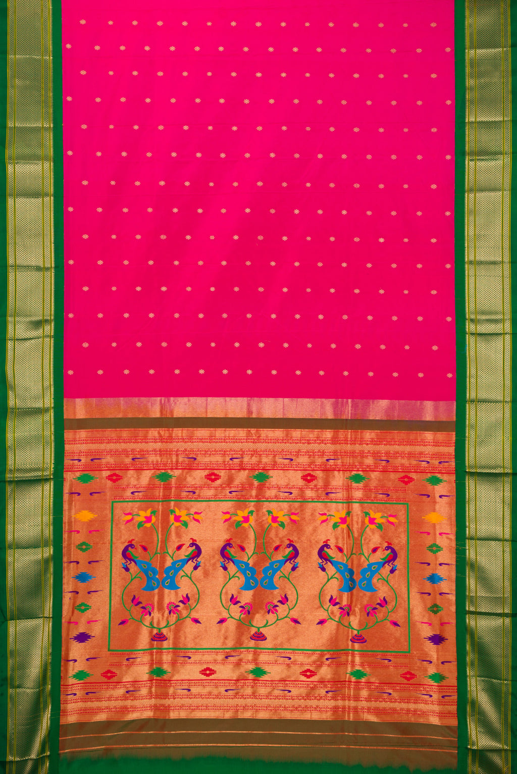 Flat view of Pure Silk Dark Pink Paithani Saree with Zari Butta on the body and Zari Border. 