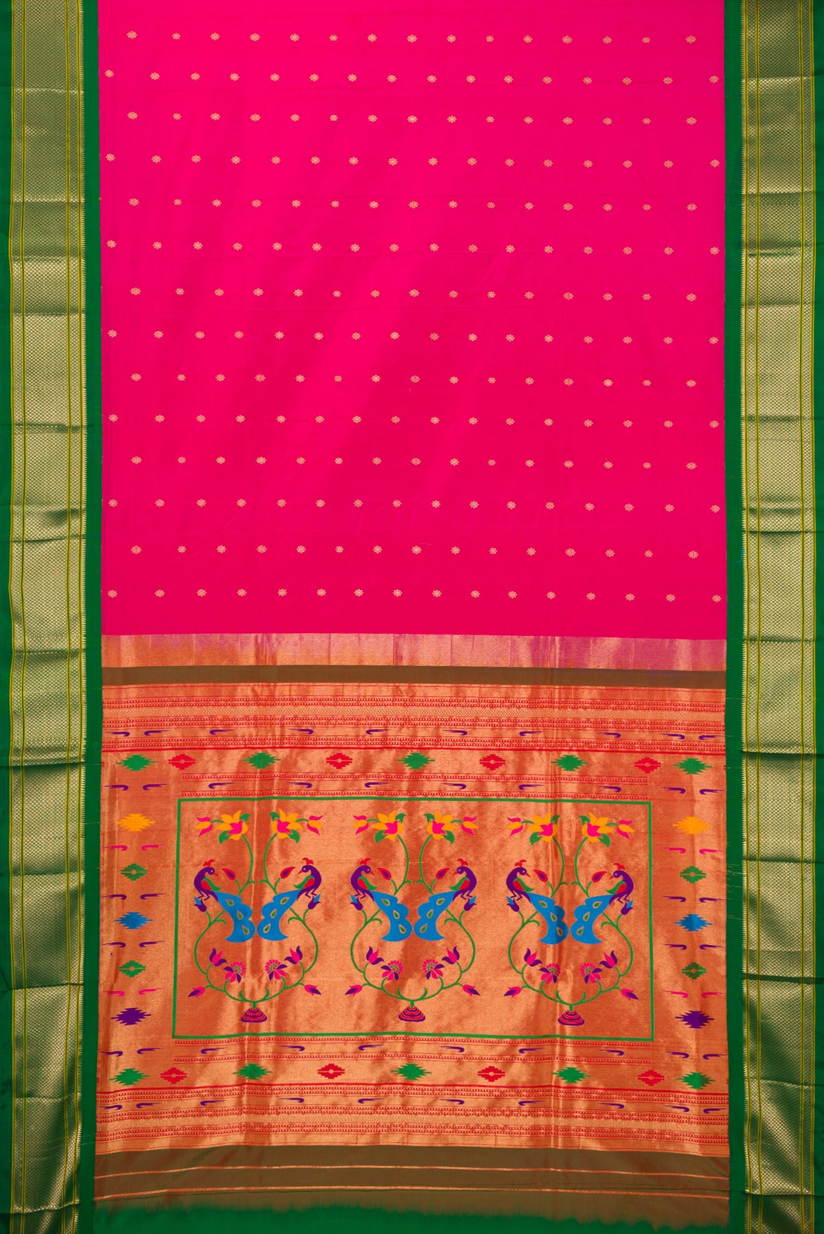Flat view of Pure Silk Dark Pink Paithani Saree with Zari Butta on the body and Zari Border. 
