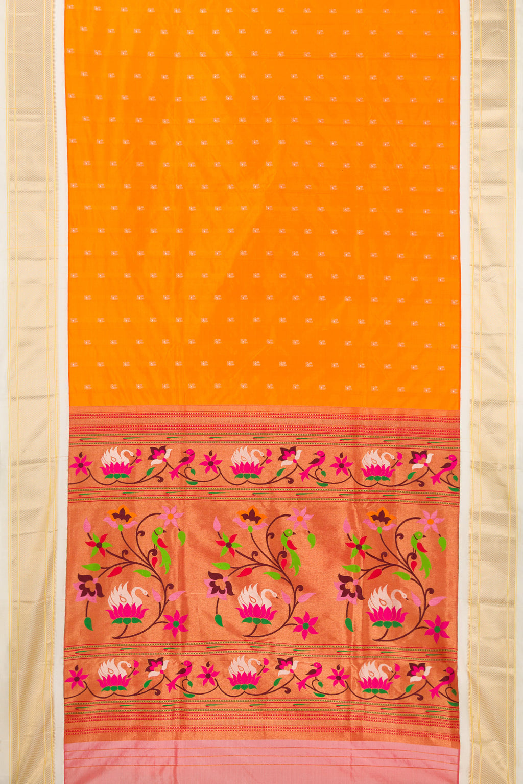 Flat view of Pure Silk Orange Paithani Saree with Zari Butta on the body and Zari Border. 