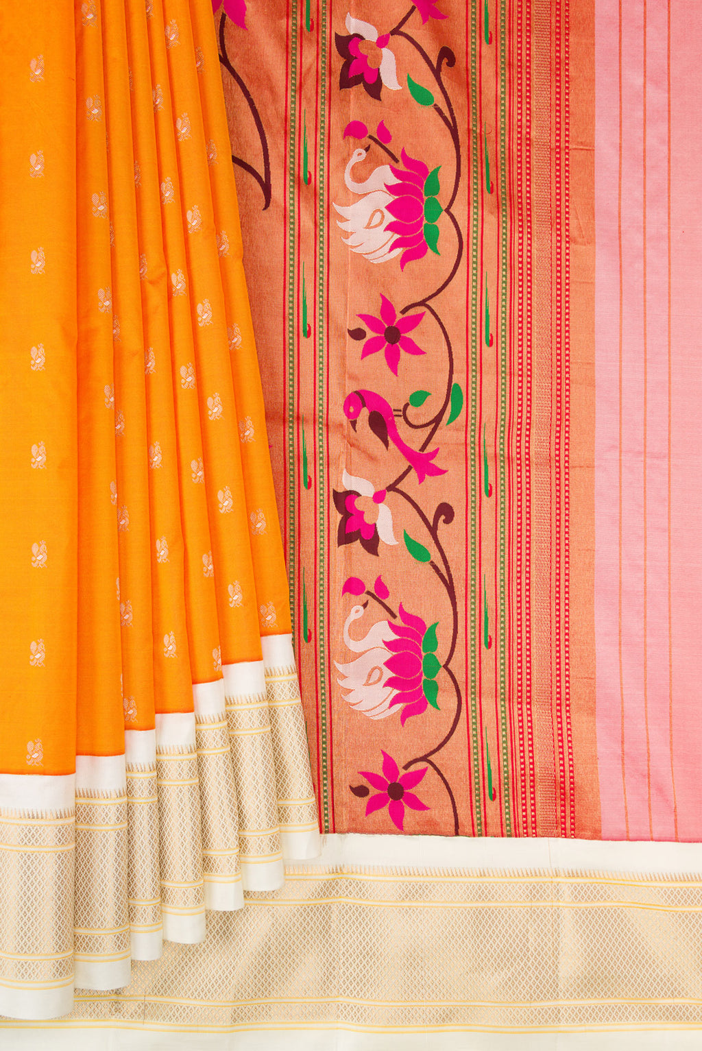 Pleats and pallu of Pure Silk Orange Paithani Saree with Zari Butta on the body and Zari Border. 