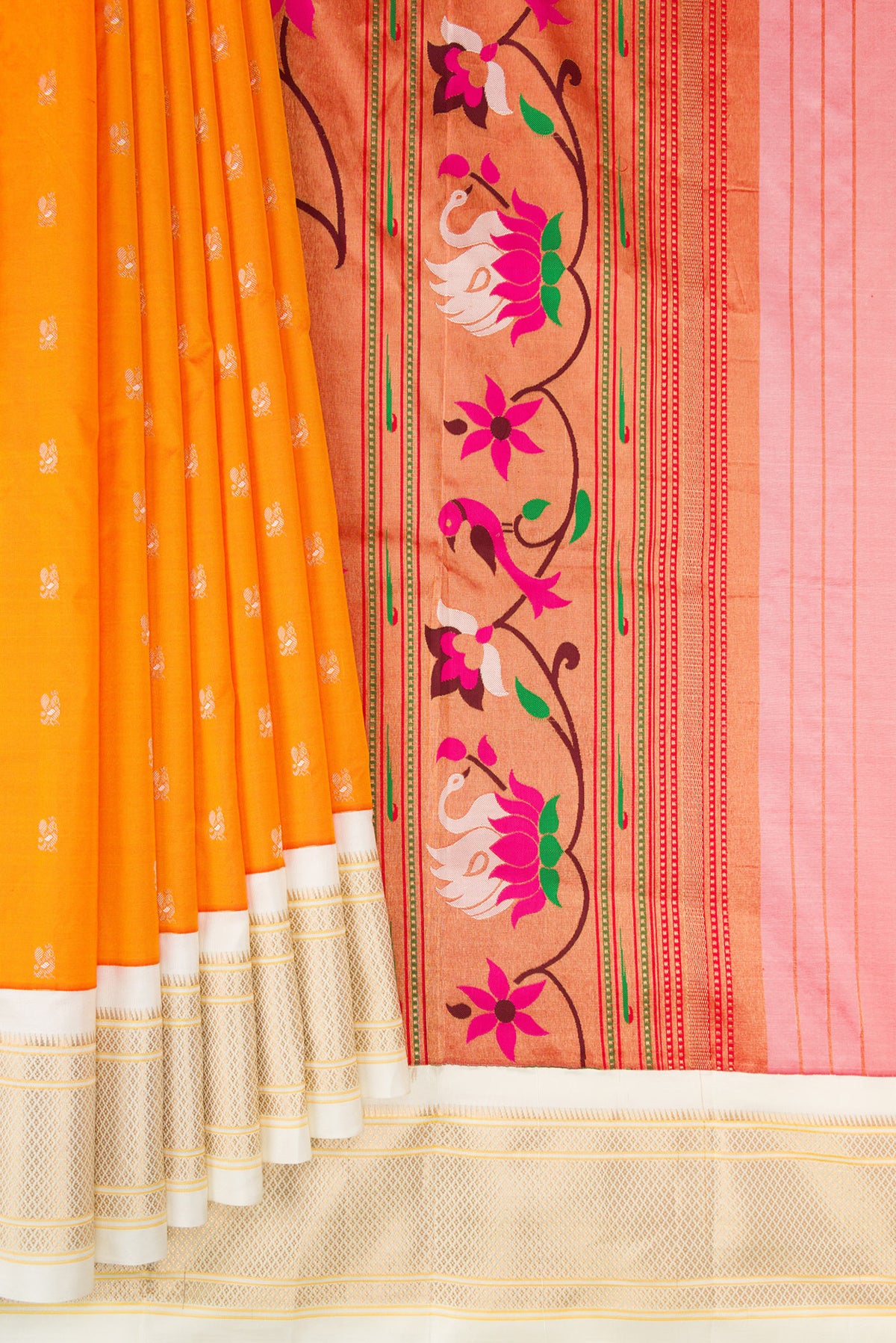 Pleats and pallu of Pure Silk Orange Paithani Saree with Zari Butta on the body and Zari Border. 
