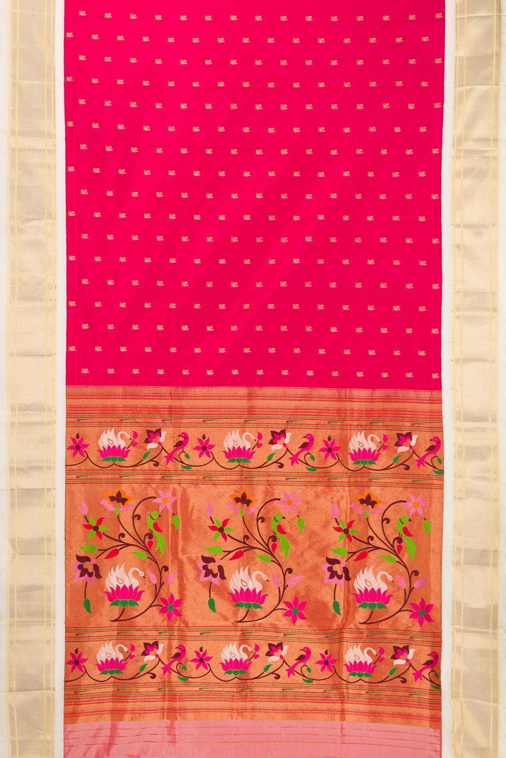 Flat view of Pure Silk Dark Pink Paithani Saree with Zari Butta on the body and Zari Border. 