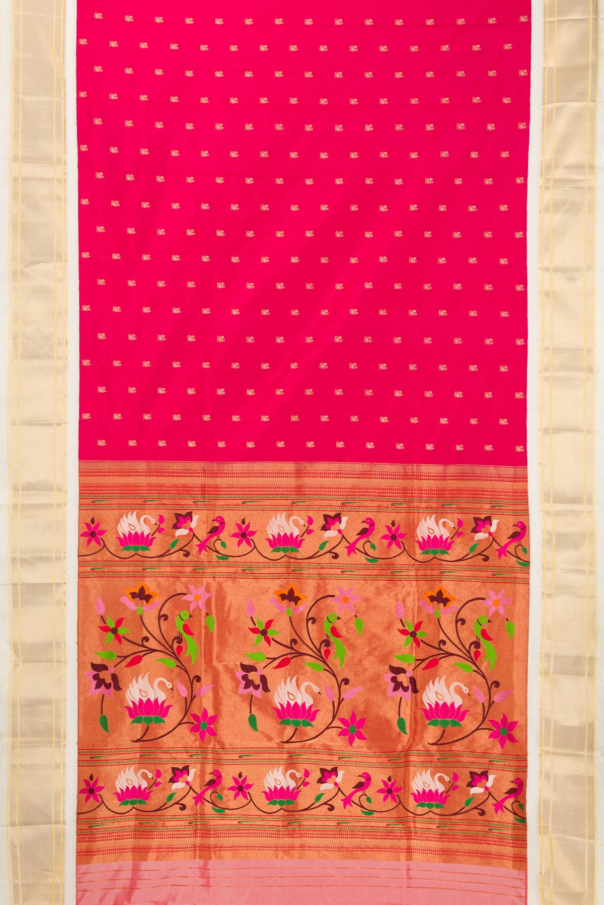 Flat view of Pure Silk Dark Pink Paithani Saree with Zari Butta on the body and Zari Border. 