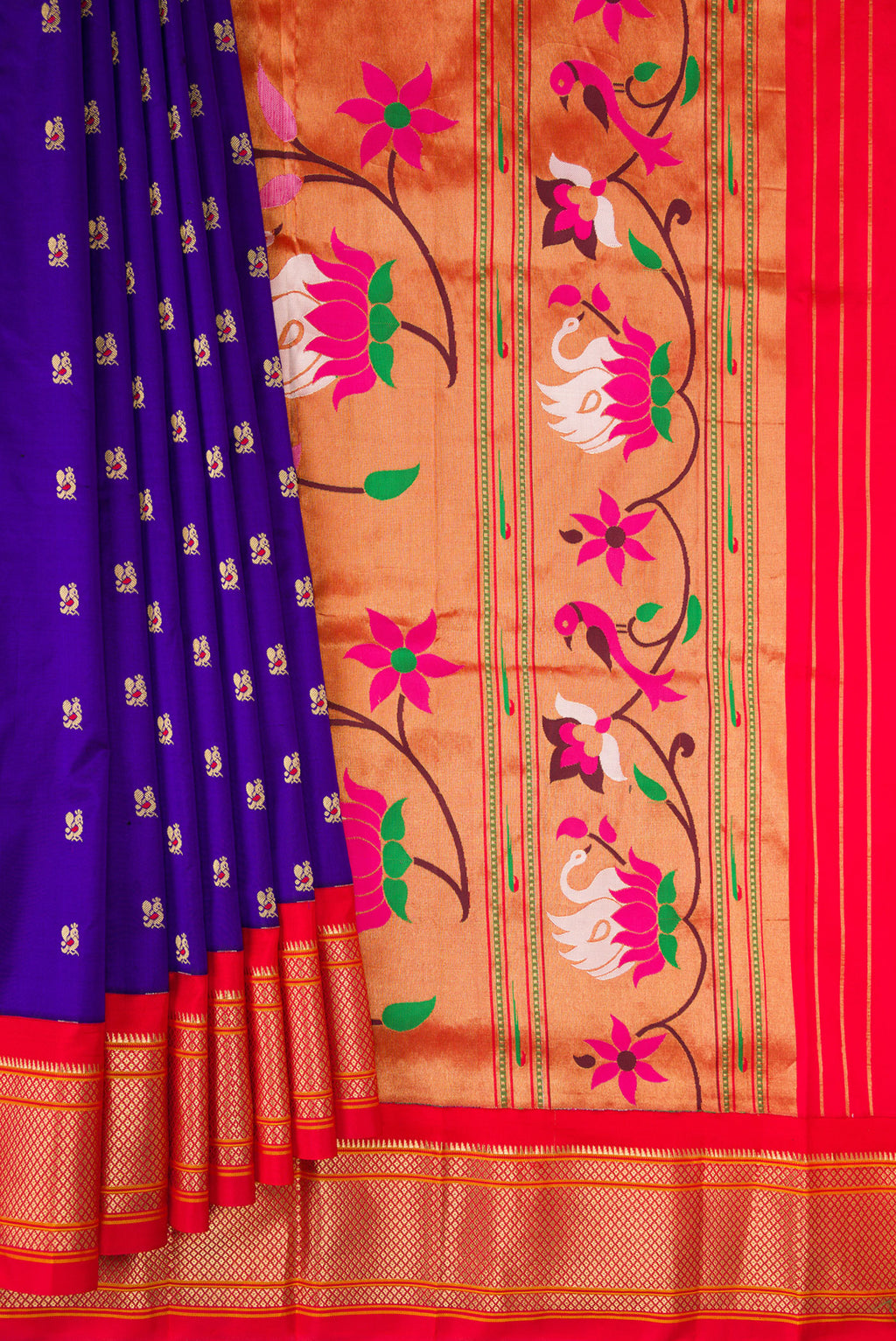 Pleats and pallu of Pure Silk Royal Blue Paithani Saree with Zari And Thread Butta on the body and Zari Border. 