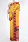 Pure Silk Yellow Bangalore Saree with Zari Butta on the body and Temple Border.  displayed on a mannequin