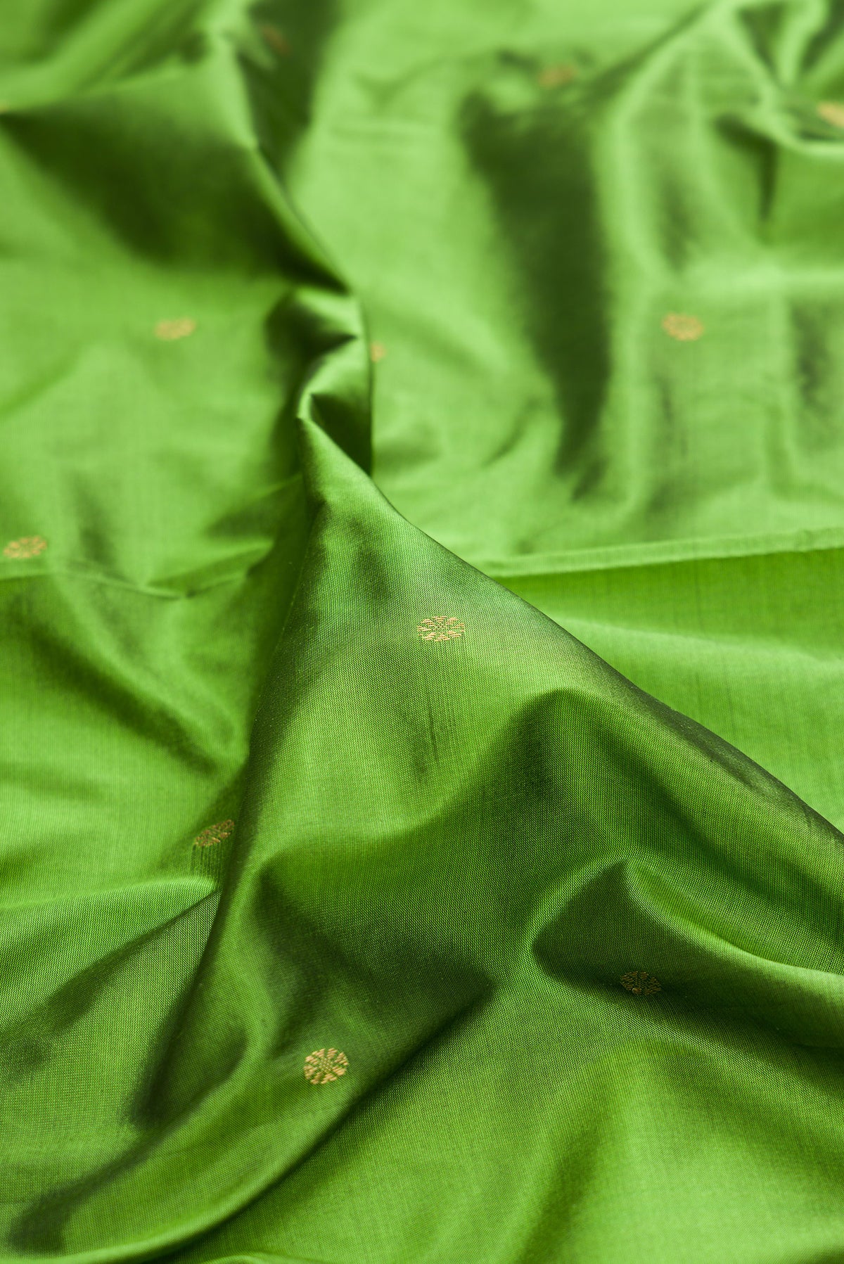 Close up of Pure Silk Green Bangalore Saree with Zari Butta on the body and Temple Border.  displaying folds