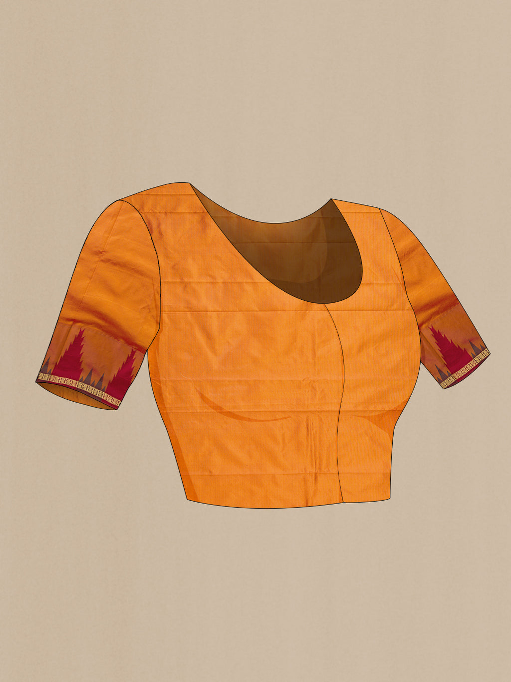 Close up image of the blouse of Pure Silk Maroon Bangalore Saree with Zari Butta on the body and Temple Border. 
