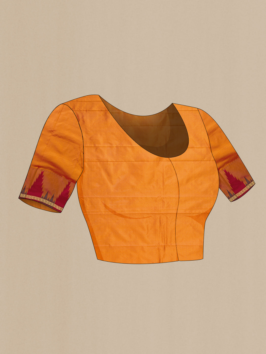 Close up image of the blouse of Pure Silk Maroon Bangalore Saree with Zari Butta on the body and Temple Border. 