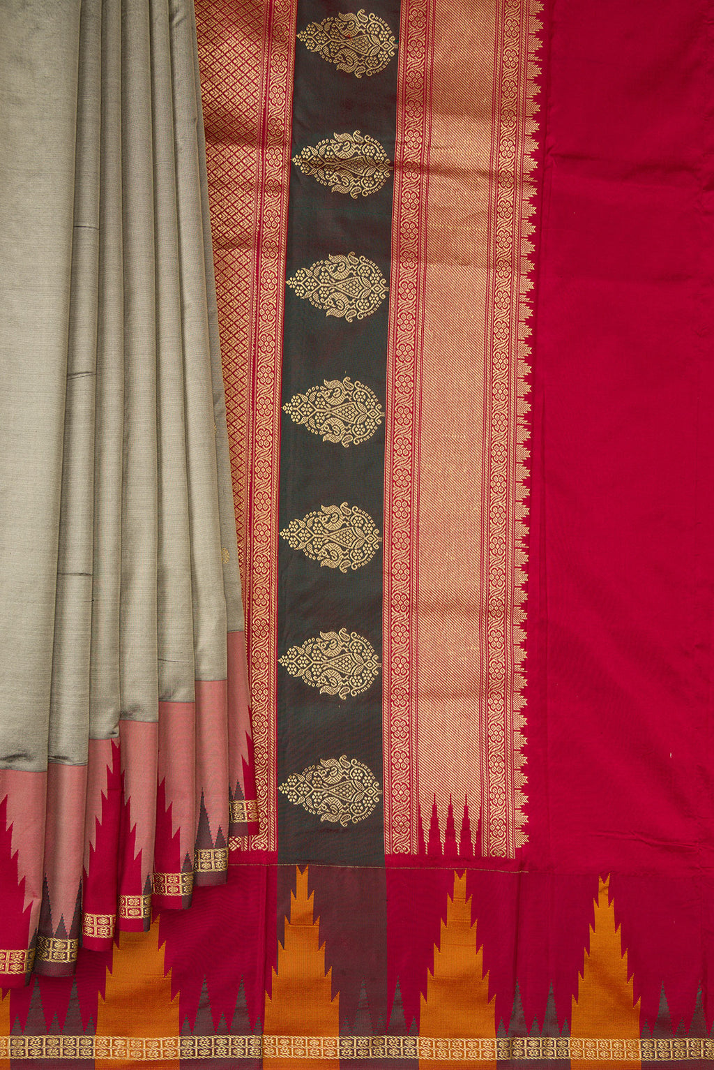 Pleats and pallu of Pure Silk Grey Bangalore Saree with Zari Butta on the body and Temple Border. 
