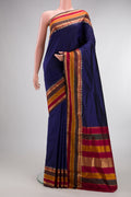 Pure Silk Navy Blue Bangalore Saree with Plain Body and Temple Border.  displayed on a mannequin