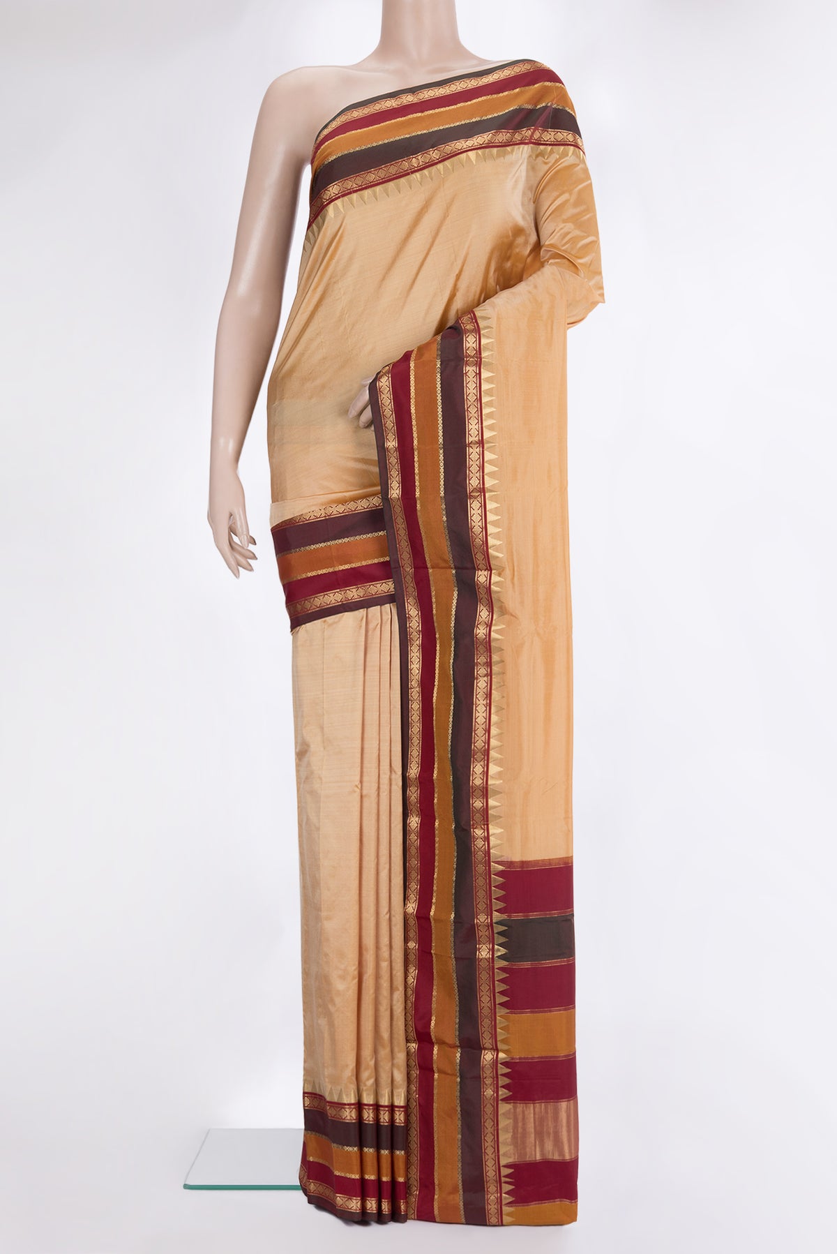 Pure Silk Sandal Bangalore Saree with Plain Body and Fancy Border.  displayed on a mannequin