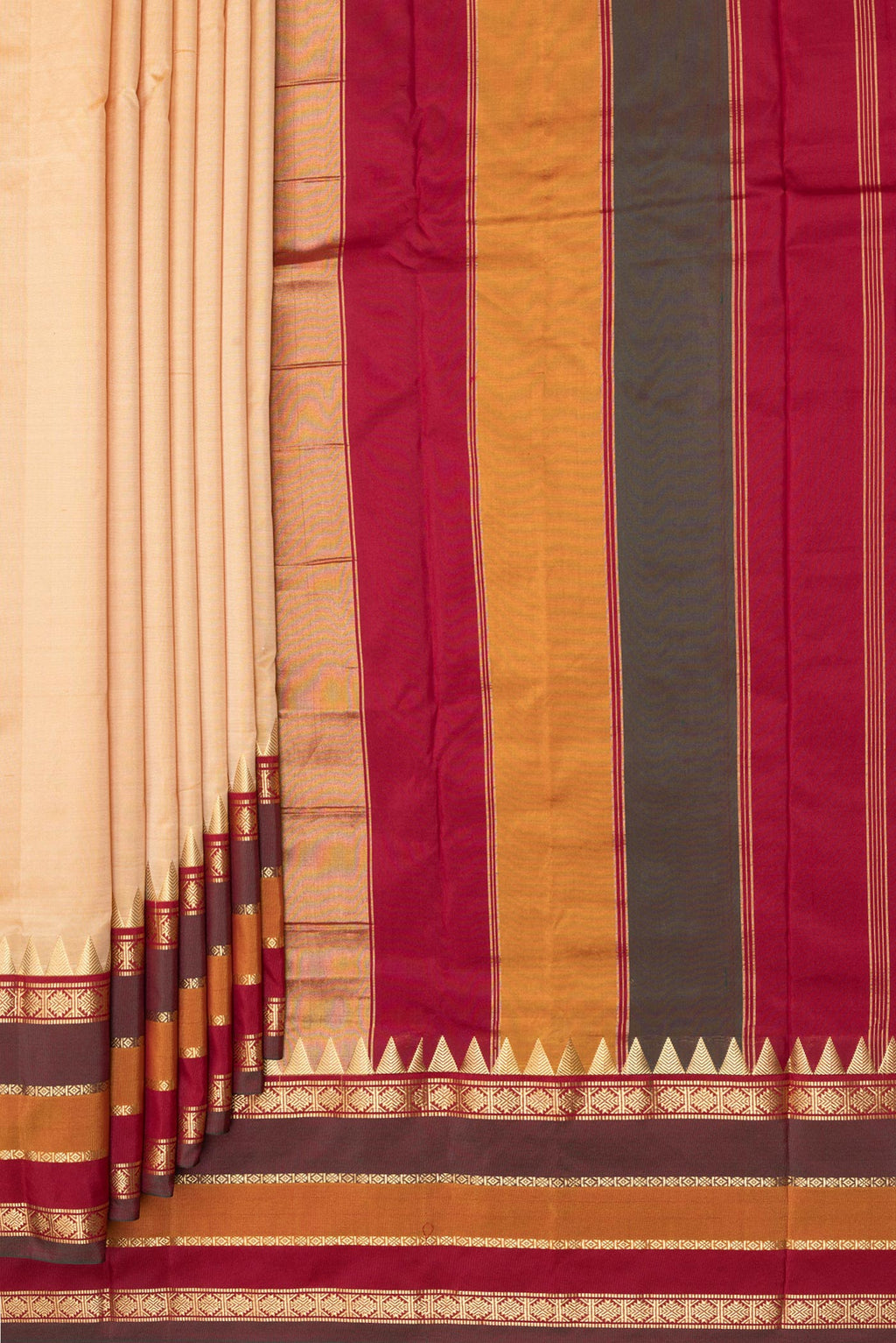 Pleats and pallu of Pure Silk Sandal Bangalore Saree with Plain Body and Fancy Border. 