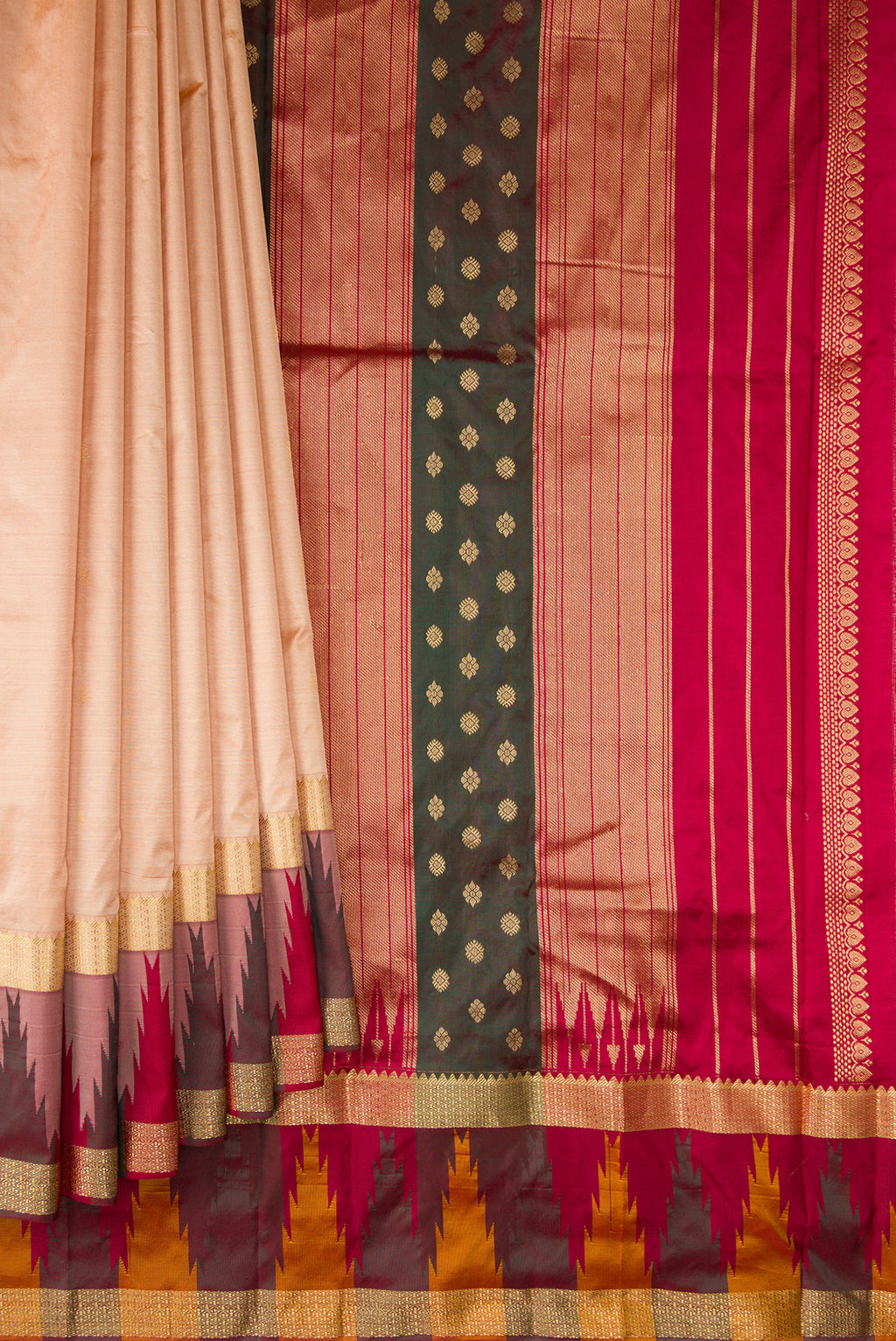 Pleats and pallu of Pure Silk Sandal Bangalore Saree with Zari Butta on the body and Temple Border. 