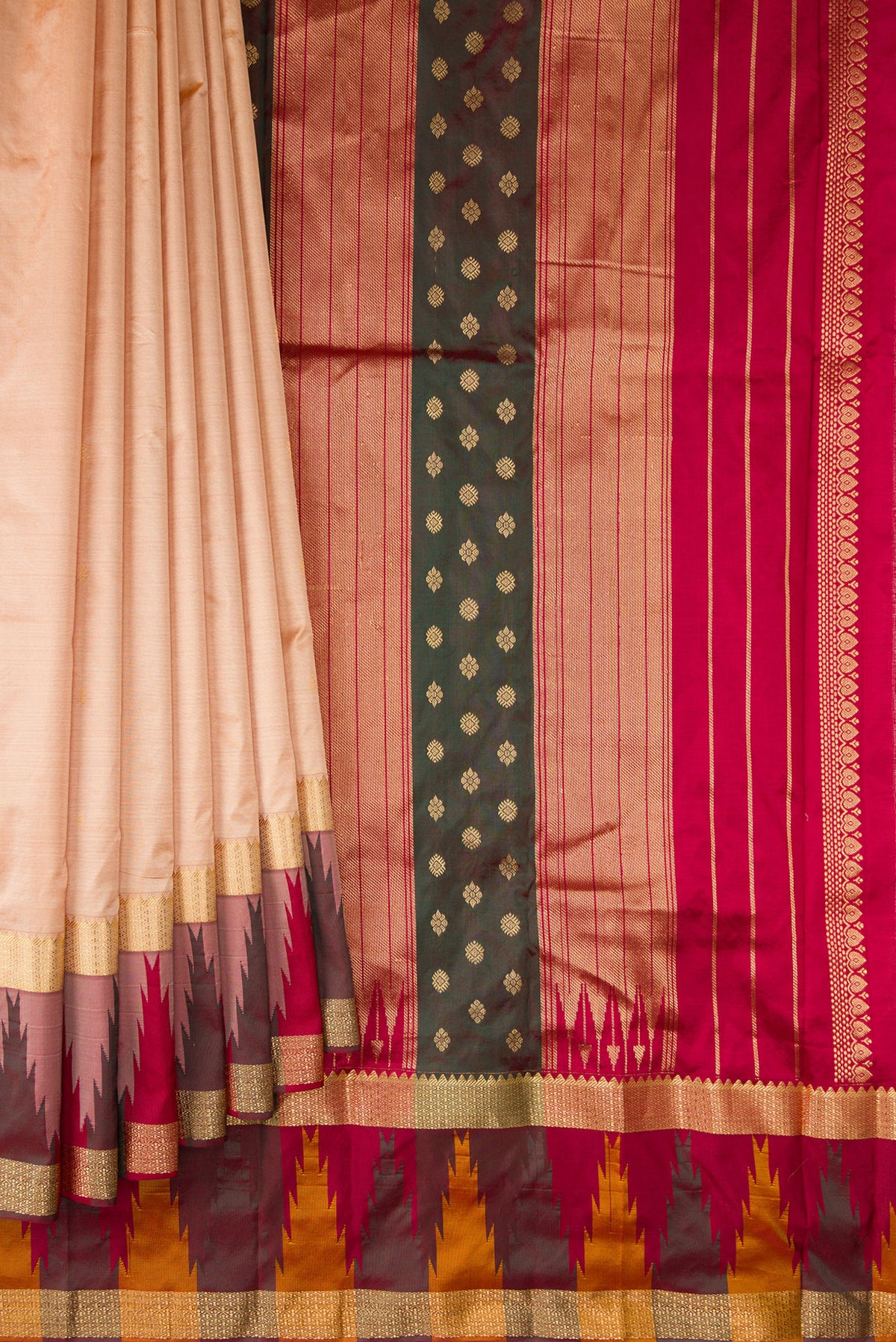 Pleats and pallu of Pure Silk Sandal Bangalore Saree with Zari Butta on the body and Temple Border. 