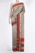 Pure Silk Grey Bangalore Saree with Zari Butta on the body and Temple Border.  displayed on a mannequin