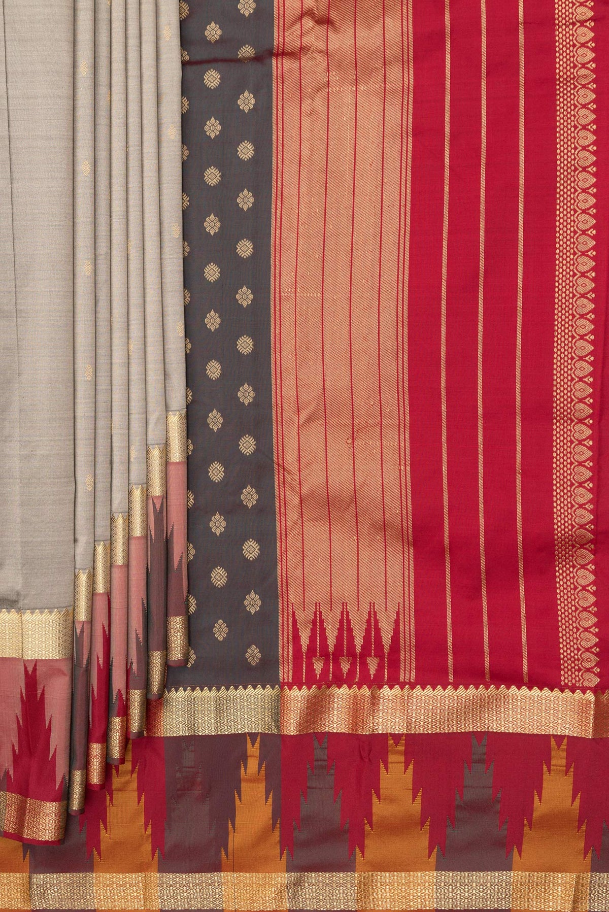 Pleats and pallu of Pure Silk Grey Bangalore Saree with Zari Butta on the body and Temple Border. 