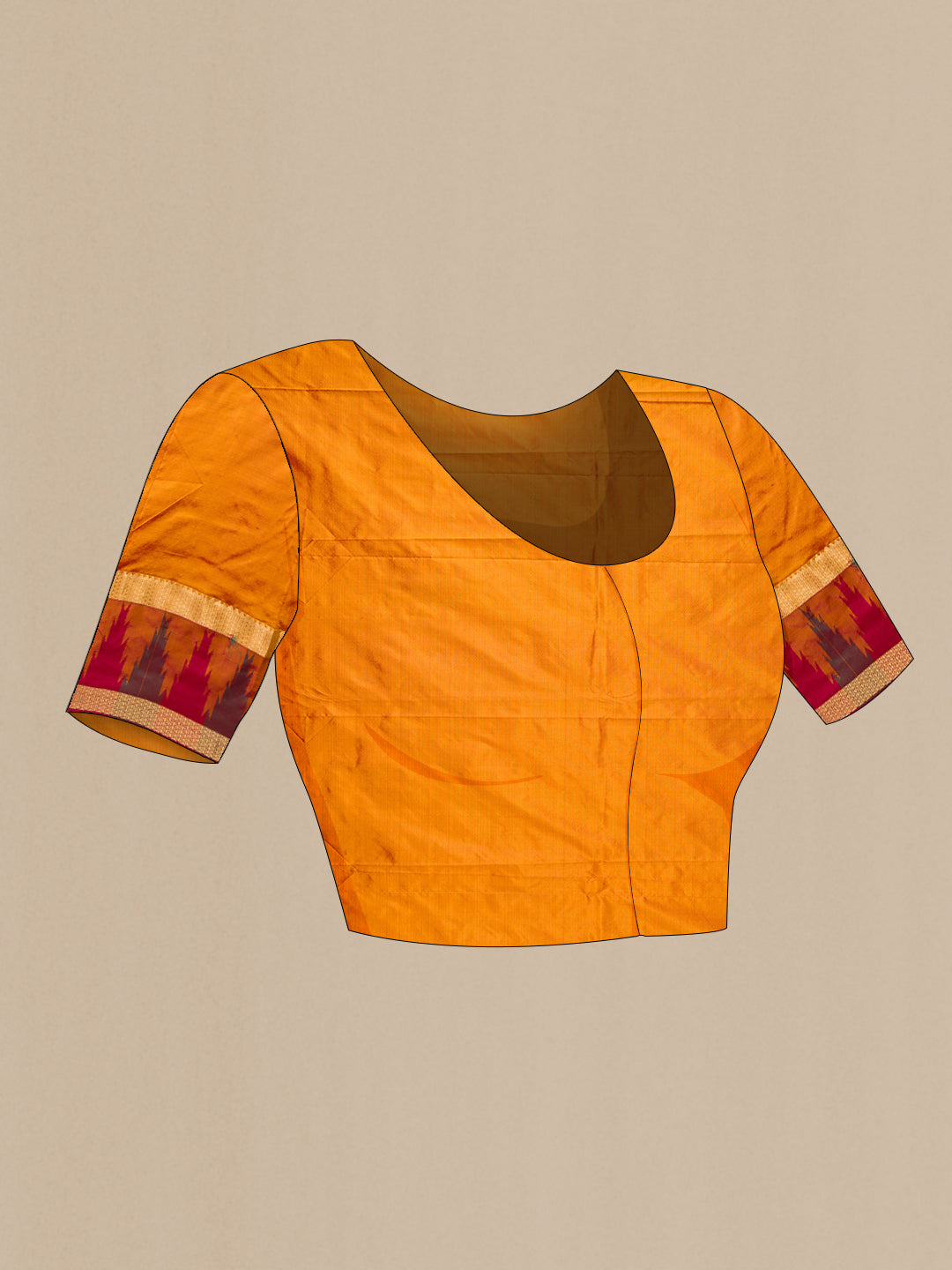 Close up image of the blouse of Pure Silk Red Bangalore Saree with Zari Butta on the body and Temple Border. 