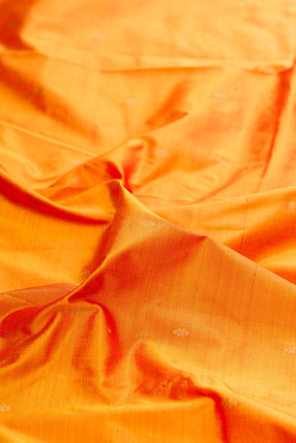 Close up of Pure Silk Mustard Dual Tone Bangalore Saree with Zari Butta on the body and Temple Border.  displaying folds