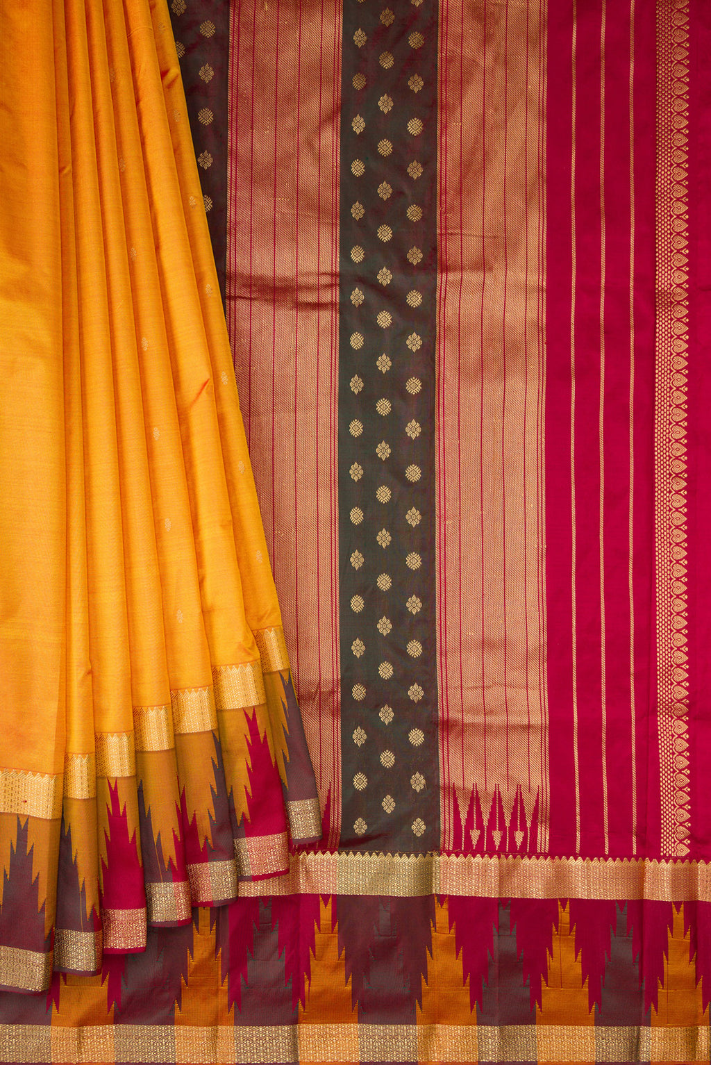 Pleats and pallu of Pure Silk Mustard Dual Tone Bangalore Saree with Zari Butta on the body and Temple Border. 