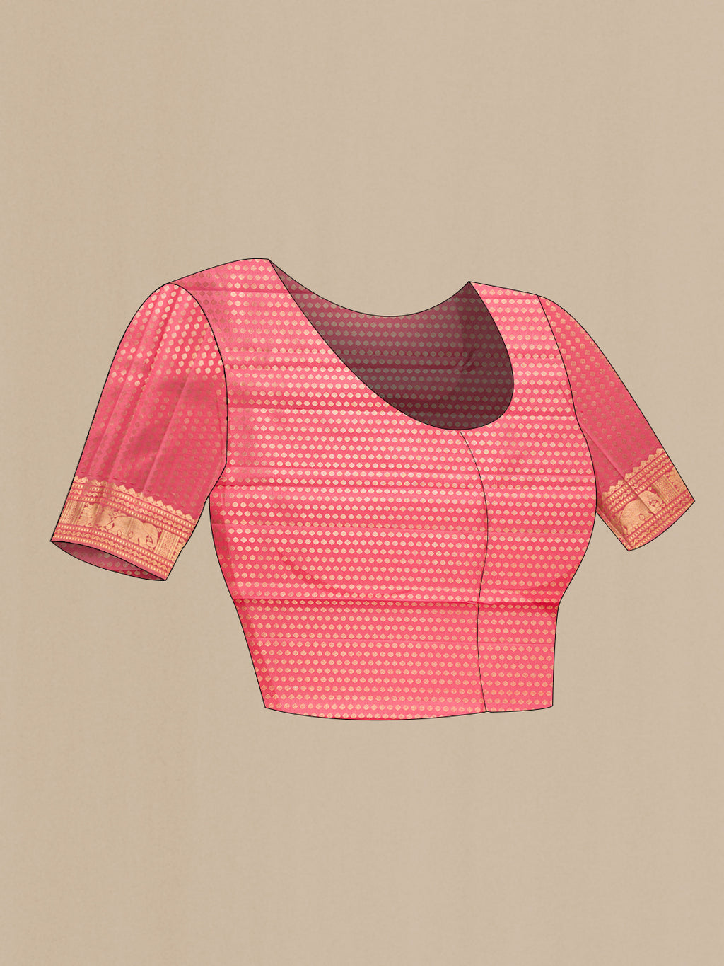Close up image of the blouse of Pure Silk Coral Kanjivaram Saree with Zari Butta on the body and Zari Border. 