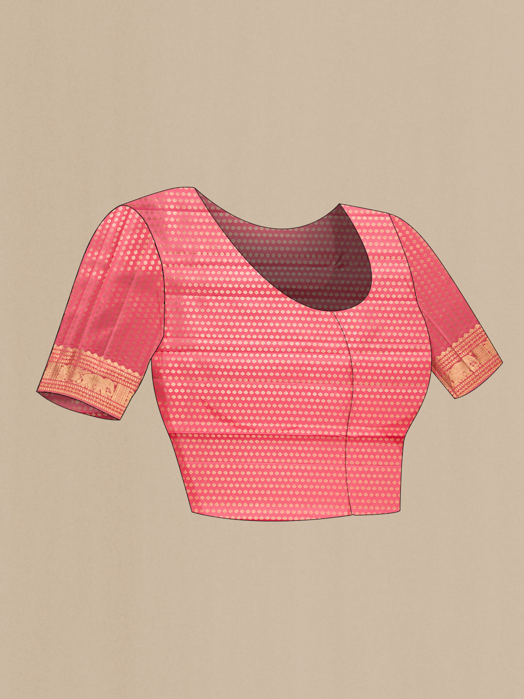Close up image of the blouse of Pure Silk Coral Kanjivaram Saree with Zari Butta on the body and Zari Border. 