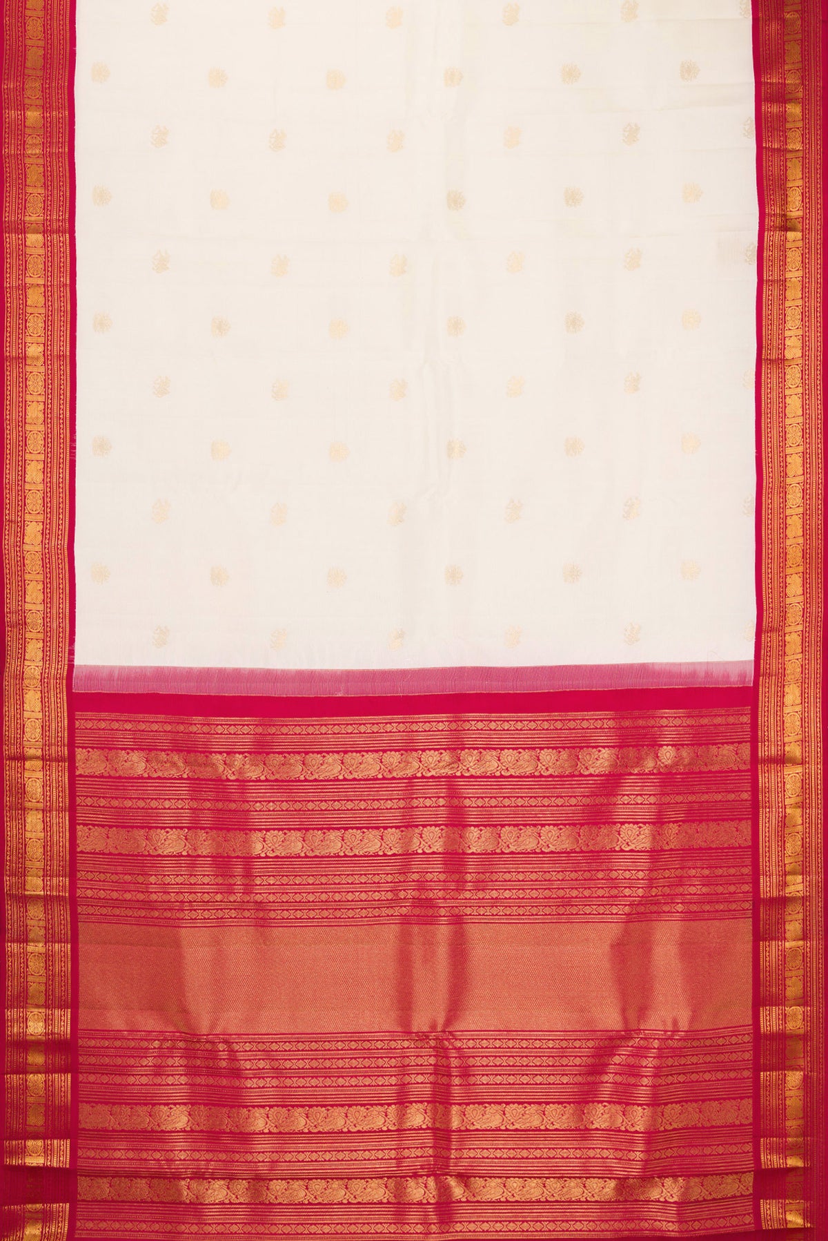 Flat view of Pure Silk Off White Kanchipuram Saree with Zari Butta on the body and Zari Border. 