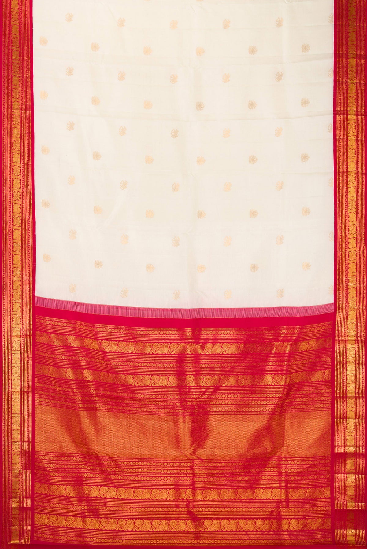 Flat view of Pure Silk Off White Kanchipuram Saree with Zari Butta on the body and Zari Border. 