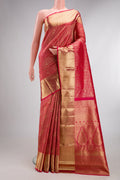Pure Silk Dark Pink Dual Tone Kanchipuram Saree with Zari Brocade on the body and Zari Border.  displayed on a mannequin