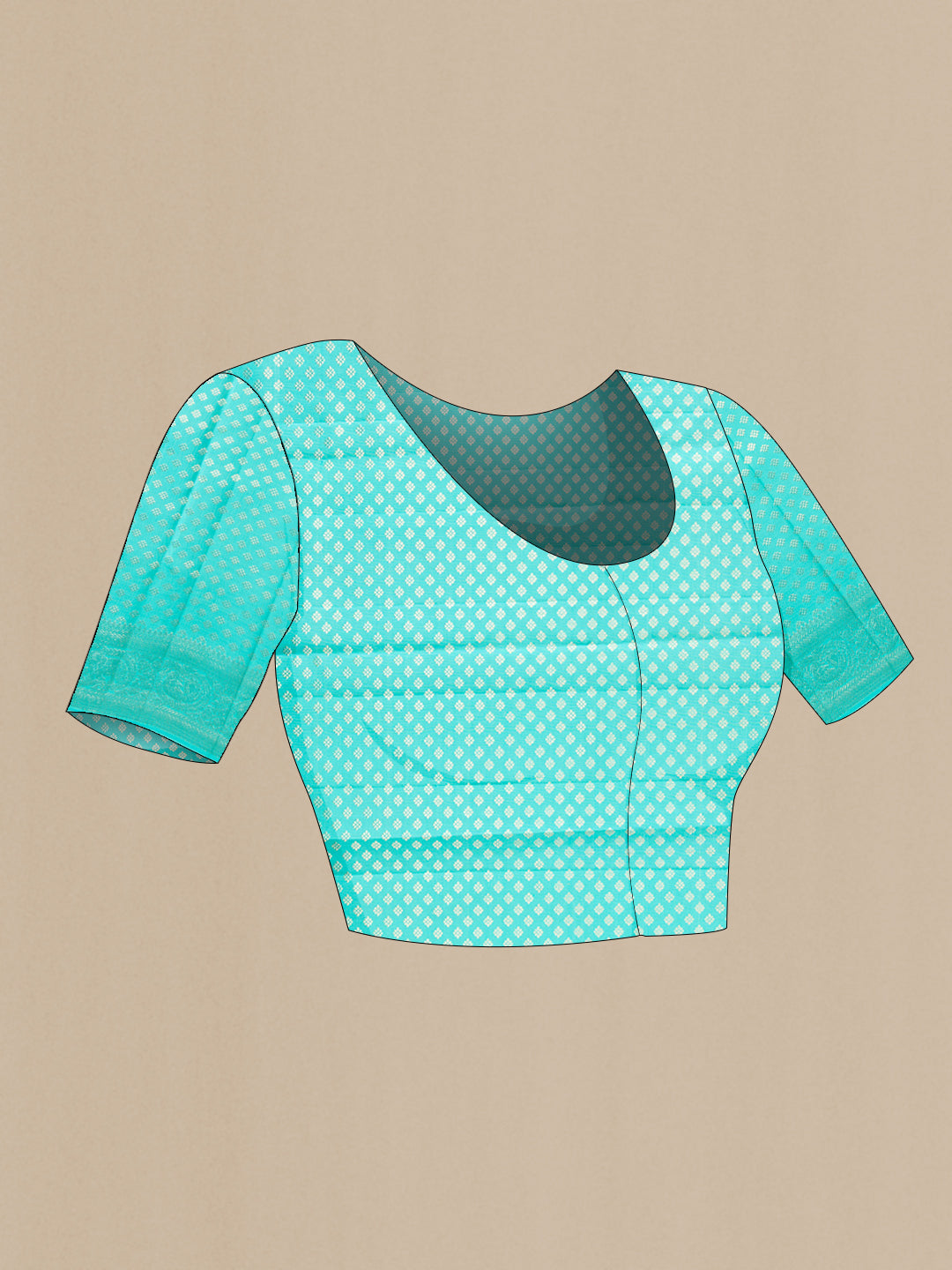 Close up image of the blouse of Pure Silk Turquoise Dual Tone Kanchipuram Saree with Zari Brocade on the body and Fancy Border. 